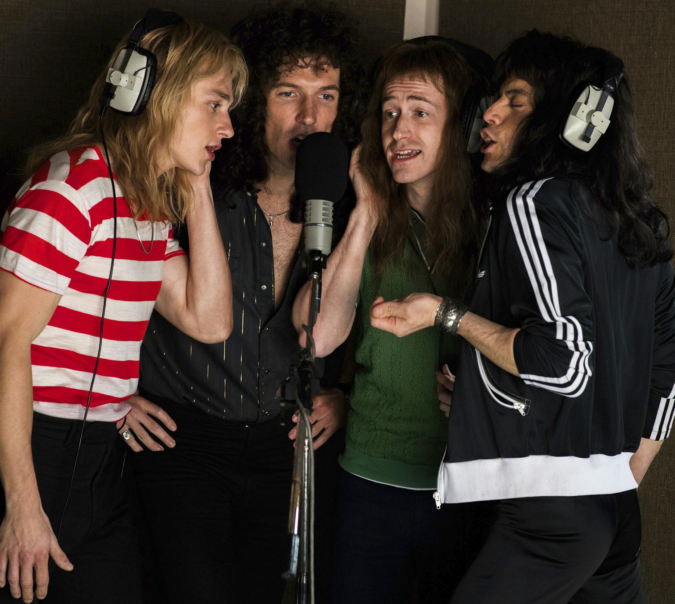 This image released by Twentieth Century Fox shows, from left, Ben Hardy, Gwilym Lee, Joe Mazzello and Rami Malek in a scene from "Bohemian Rhapsody." (Alex Bailey/Twentieth Century Fox via AP)