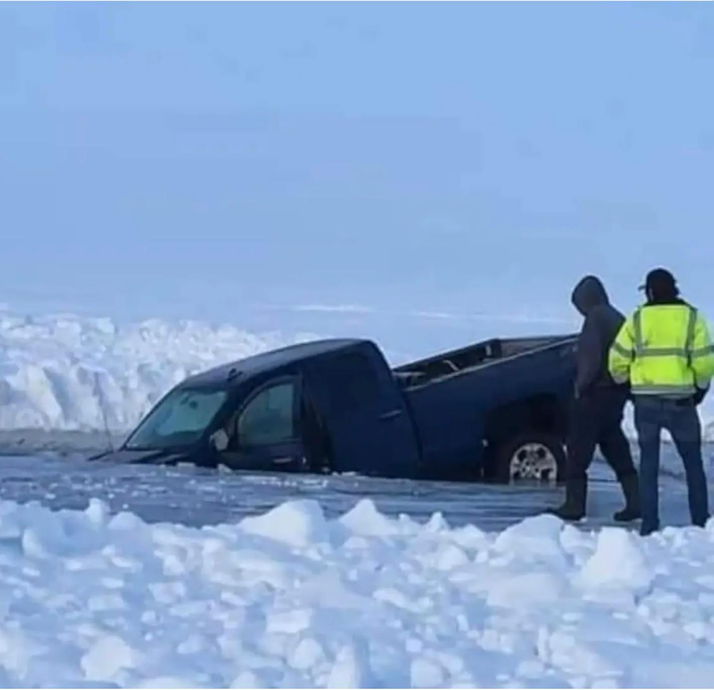 One of two pickups that broke through the Lake of the Woods ice early Sunday morning. This one sunk in about 33 feet of water. The other was pulled out before it sunk.