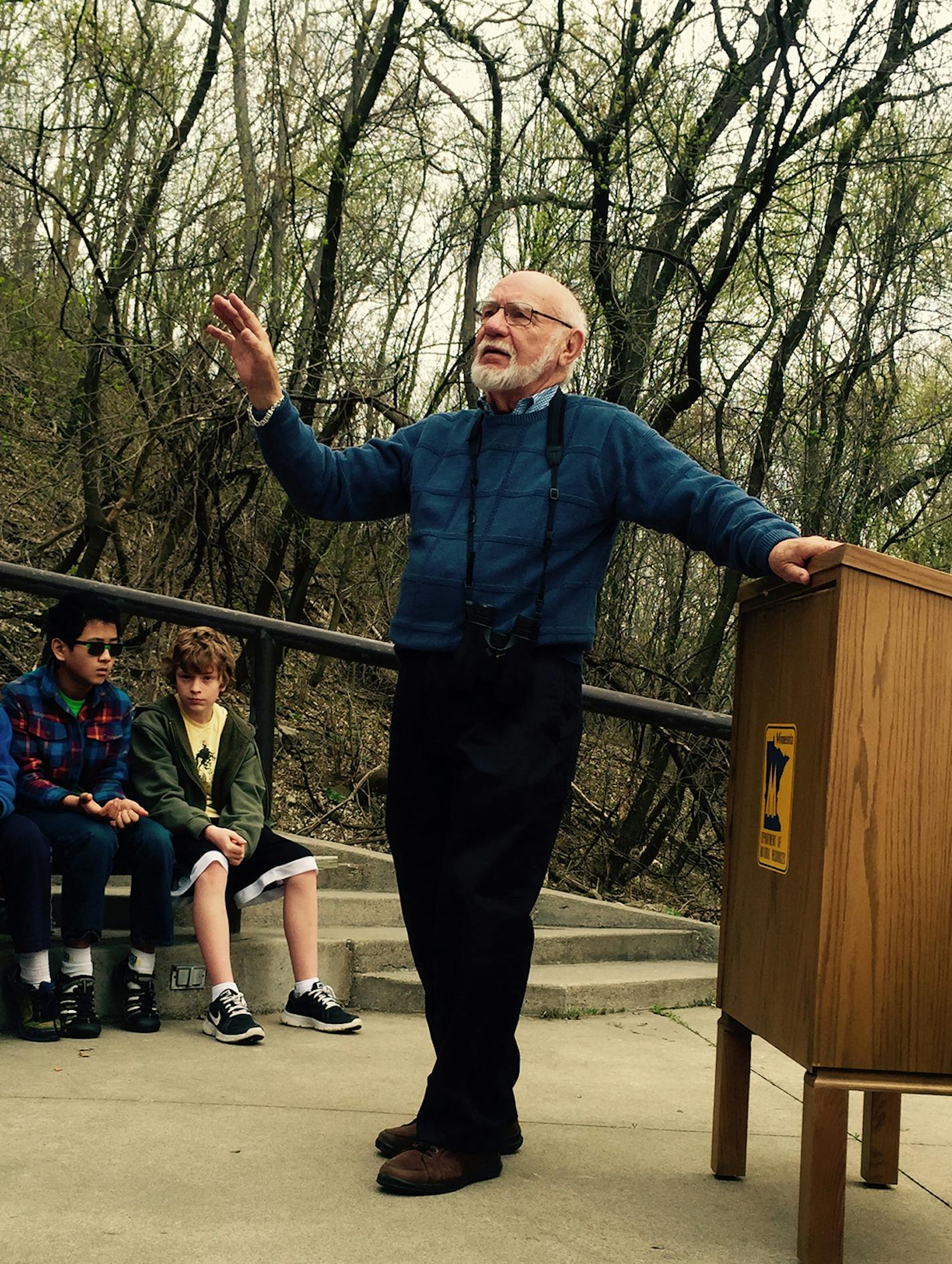 Robert Janssen, author of "Birds of Minnesota State Parks," spoke with students from Upper Mississippi Academy on April 16 during a Minnesota Department of Natural Resources book-launch at Fort Snelling State Park.