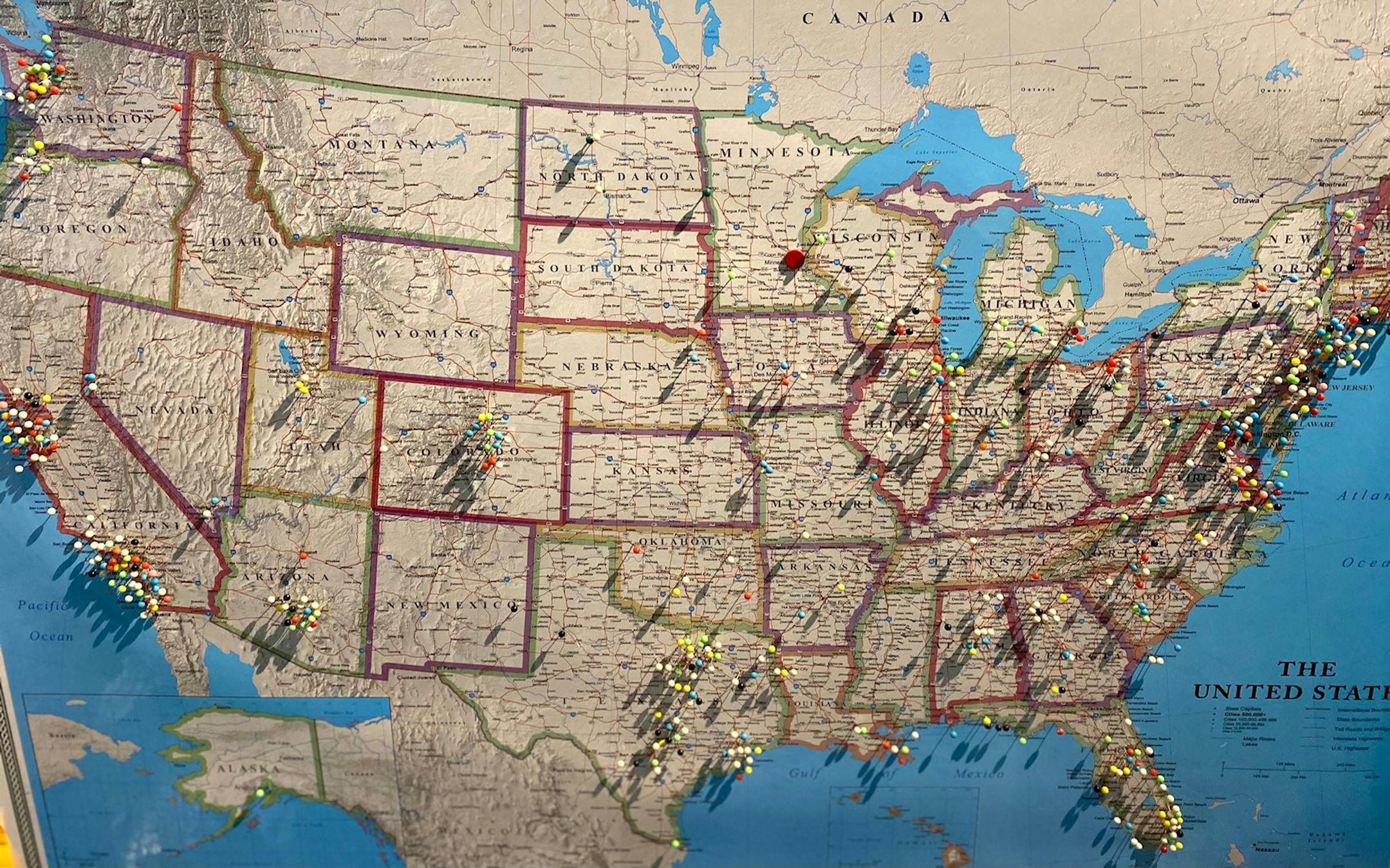 Provided A map in the Eagan offices of T-Rex cookies shows were their online orders have been shipped.