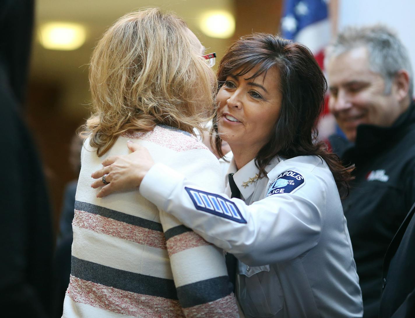 Minneapolis Police Chief Jane&#xc8; Harteau hugged Gabrielle Giffords after a press conference for Minnesota Coalition for common sense Thursday Feb 25, 2016 at Augsburg College in Minneapolis MN. ] Former Congresswoman Gabrielle Giffords l visited the Twin Cities Thursday to announce a new statewide effort to reduce gun violence called the "Minnesota Coalition for Common Sense. Jerry Holt/Jerry.Holt@Startribune.com