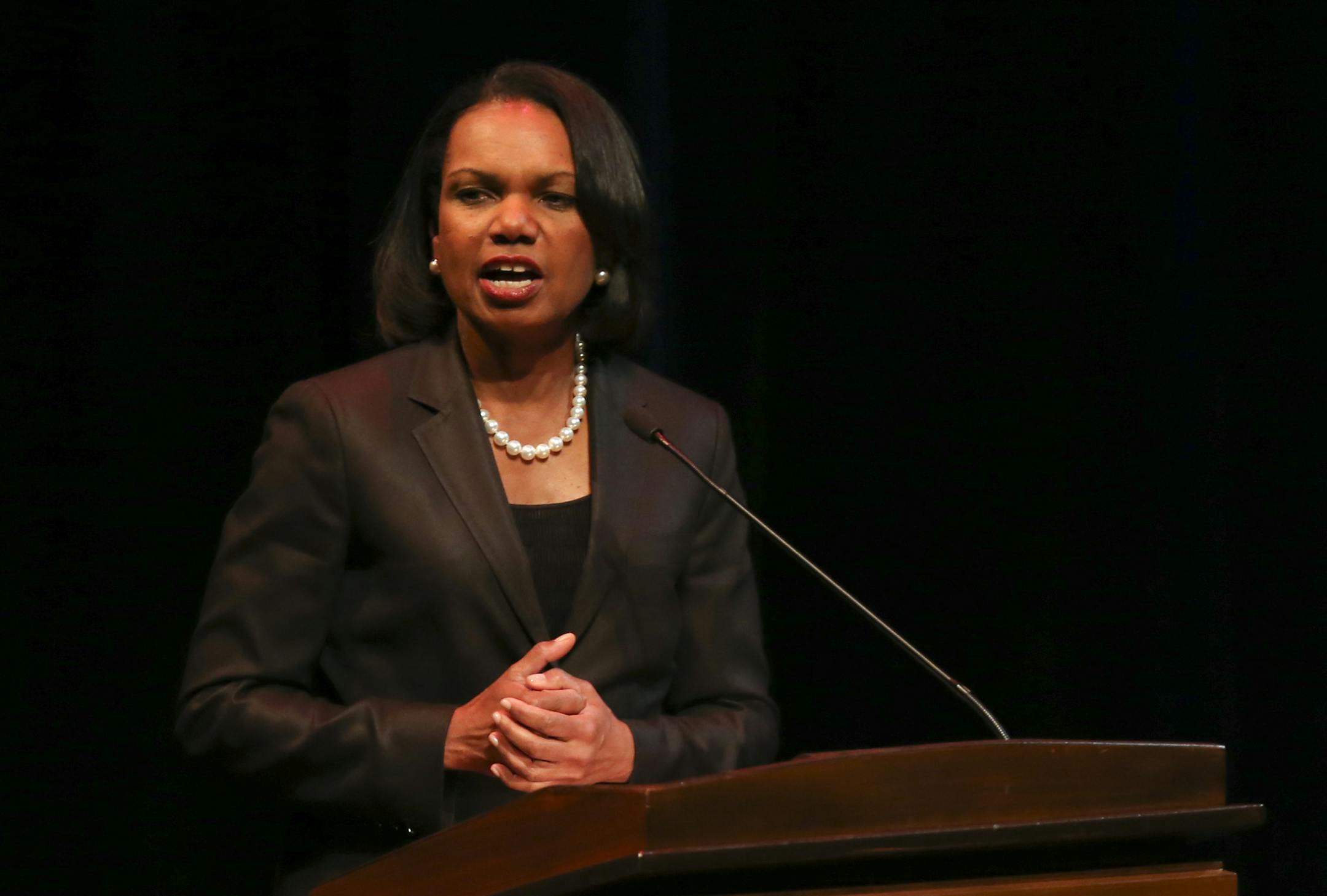 Condoleezza Rice early in her speech Thursday evening at Northrop Auditorium. ] JEFF WHEELER ‚Ä¢ jeff.wheeler@startribune.com Former Secretary of State Condoleezza Rice delivered a speech on civil rights progress as part of the Distinguished Carlson Lecture Series at Northrop Auditorium Thursday evening, April 17, 2014 on the University of Minnesota campus in Minneapolis.