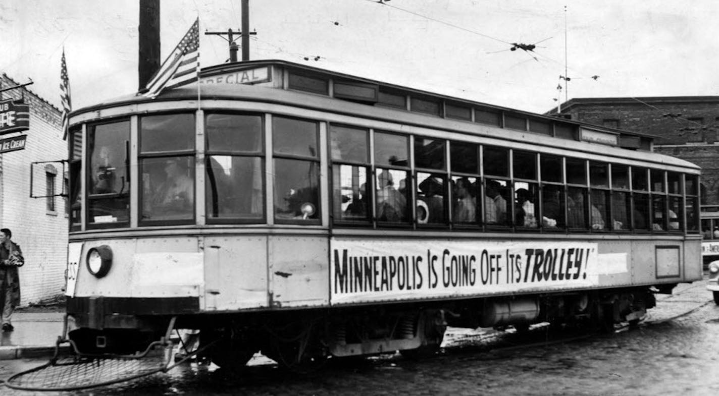 A streetcar makes its way from Minneapolis to St. Paul during the last streetcar ride, a special event featuring lunch service, in 1954. Joseph Zalusky was on one of the eight cars.