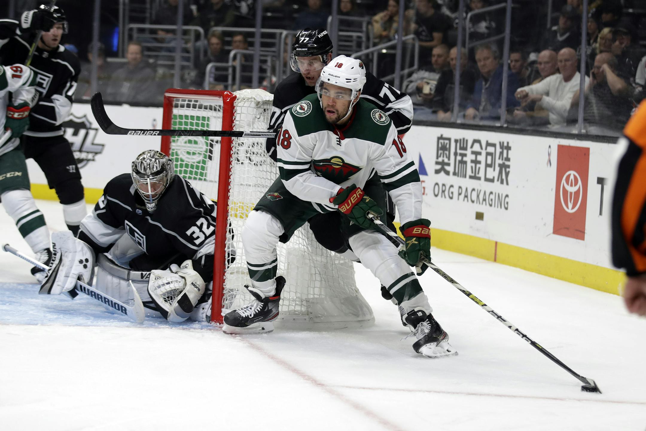 Minnesota Wild left wing Jordan Greenway (18) in action against the Los Angeles Kings during the third period of an NHL hockey game Tuesday, Nov. 12, 2019, in Los Angeles. (AP Photo/Marcio Jose Sanchez)