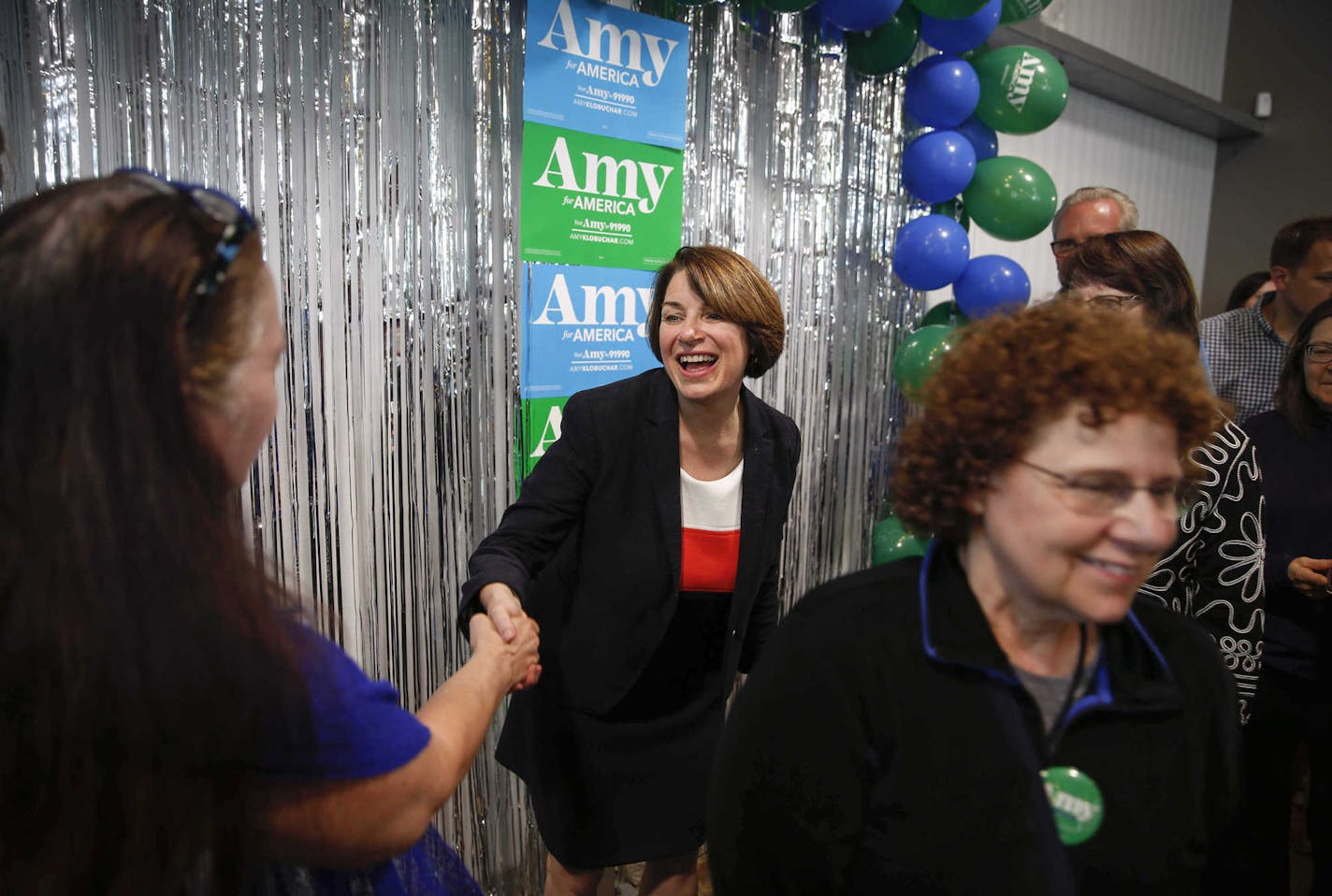 United States Sen. and democratic presidential candidate hopeful Amy Klobuchar (D-Minn) spent her birthday touring across Iowa before stopping at Jasper Winery in Des Moines, where she spoke to hundreds of supporters on Saturday, May 25, 2019. (Bryon Houlgrave/The Des Moines Register via AP)