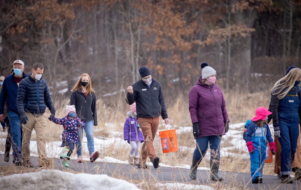 Staff from Three Rivers Park District and staff from the American Swedish Institute led a hike through Silverwood Park on March 5, 2021, in St. Anthony.