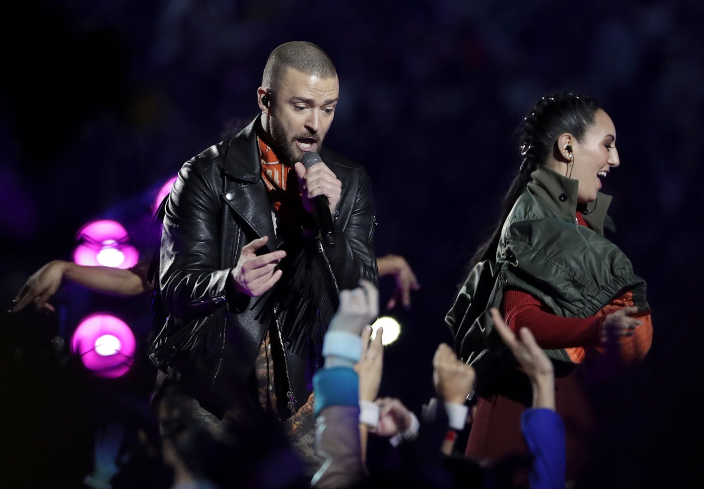 Justin Timberlake performs during halftime of the NFL Super Bowl 52 football game between the Philadelphia Eagles and the New England Patriots Sunday, Feb. 4, 2018, in Minneapolis. (AP Photo/Matt Slocum)