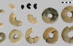 In an image from Heiss et al, 2019, three charred pieces of Bronze Age dough, center left, top row, that were found among several other clay rings in 