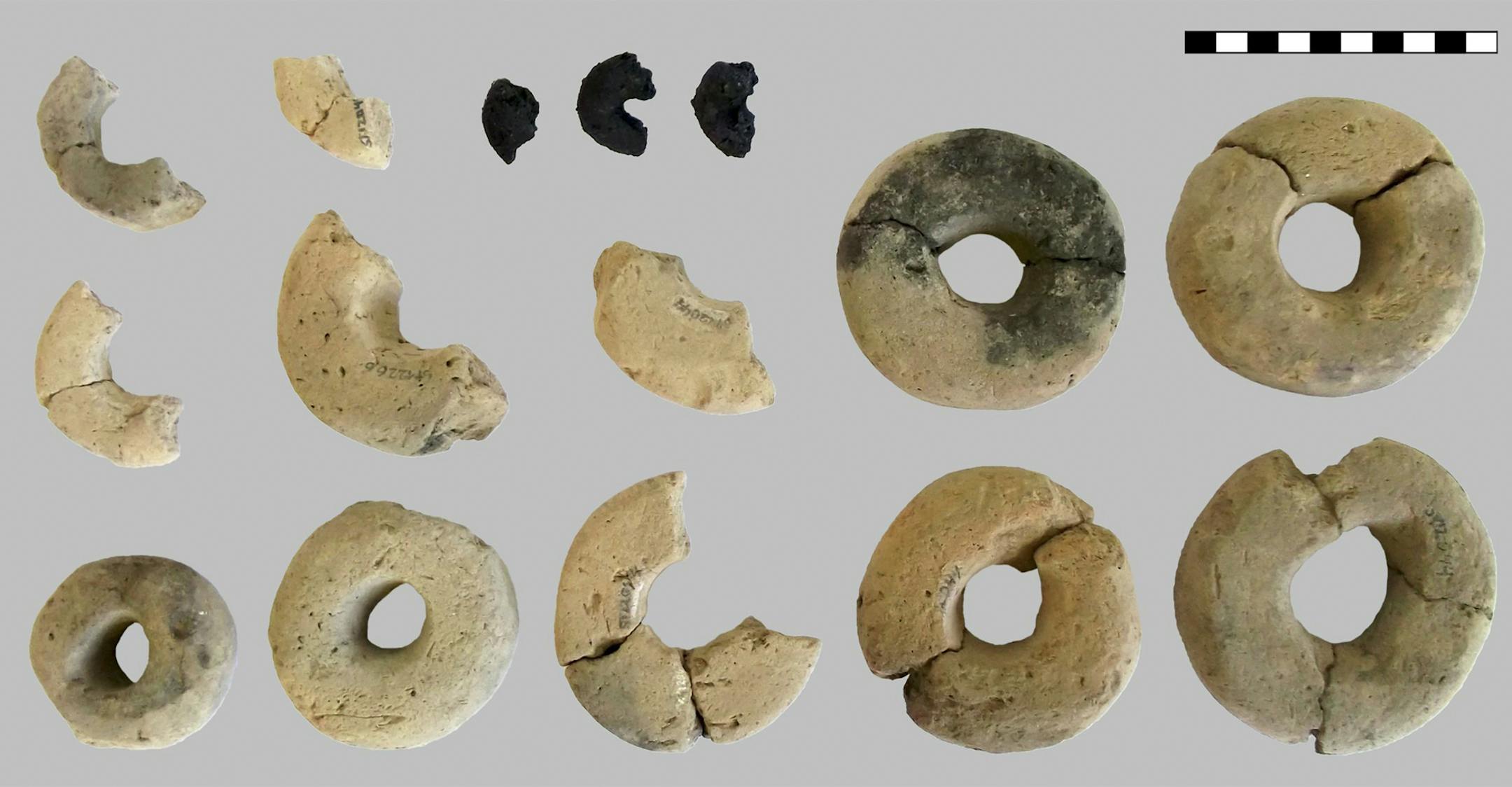 In an image from Heiss et al, 2019, three charred pieces of Bronze Age dough, center left, top row, that were found among several other clay rings in Austria. They are not complete rings — only parts of what were once ring-shaped pieces of dough. They were made from finely ground flour, but the scientists are not ready to claim that they have found the ur-bagel. (Heiss et al, 2019 via The New York Times) -- NO SALES; FOR EDITORIAL USE ONLY WITH NYT STORY SCI BRONZE AGE BAGELS BY NICHOLAS