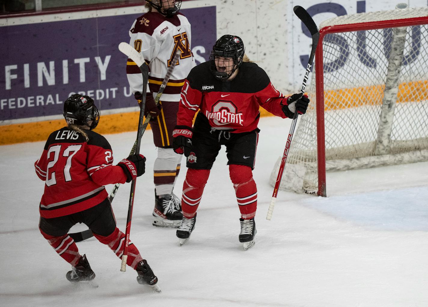 Ohio State forward Kenzie Hauswirth (11) celebrated after scoring on an empty net last season vs. the Gophers.