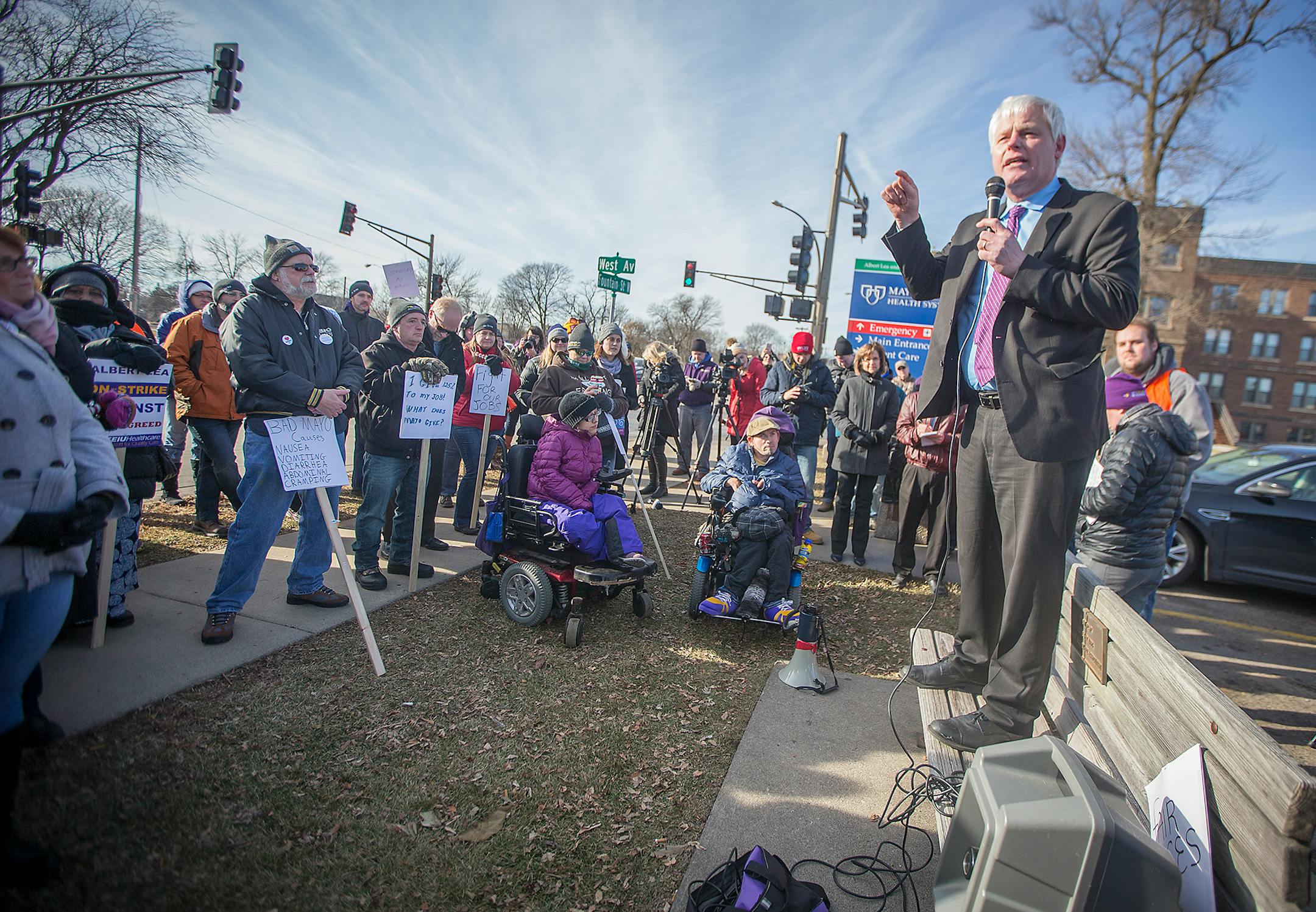Representative Paul Thissen addressed SEIU workers as they staged a one-day strike at Mayo's hospital, Tuesday, December 19, 2017 in Albert Lea, MN. The strike is part of the ongoing labor-community uprising against Mayo's consolidation of its southern Minnesota hospitals.