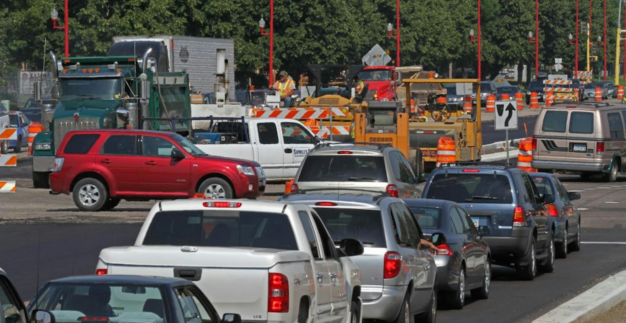 Traffic going every direction at the intersection of Cedar Ave. South and Co. Rd 42 in Apple Valley backed up during construction on 6/27/12.