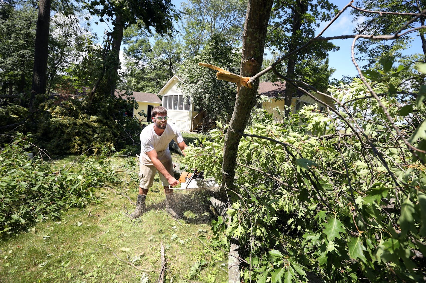 Mackenzie Thomas, an employee of Ricky�s Enterprises, used a chainsaw to cut a tree that fell on Ray Bonestroo's family property during the clean up at his mom's cabin Monday July 13, 2015 in Brainerd, MN.