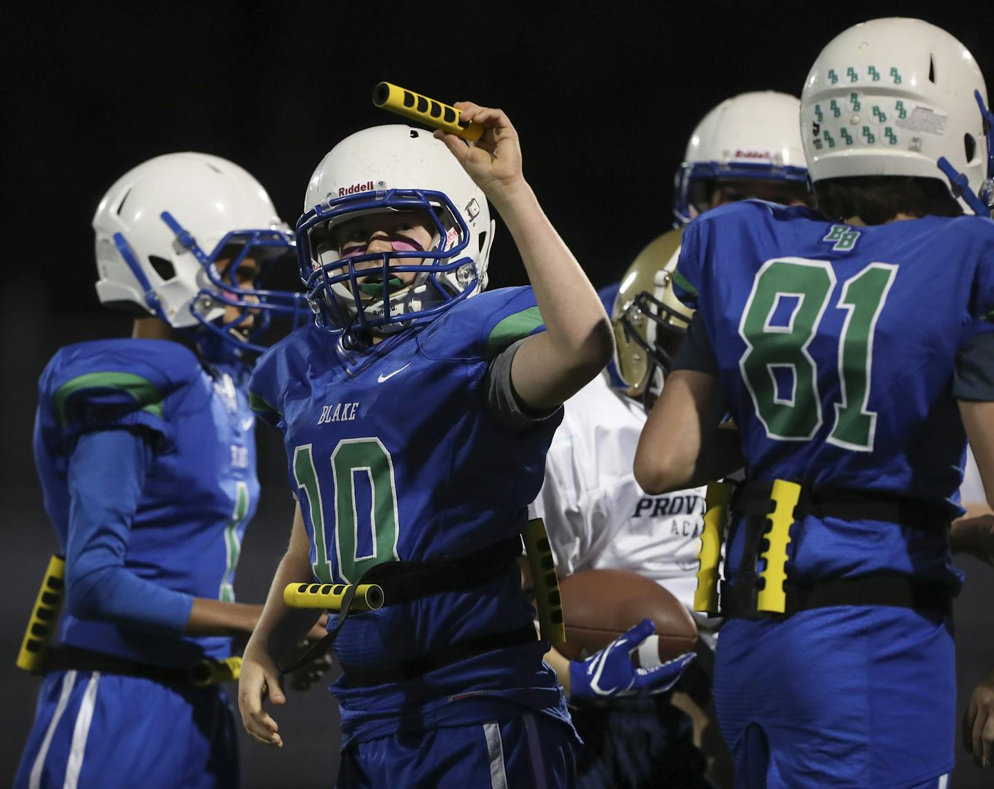 Blake's Joshua Enebo held up a bar he'd pulled off a Providence Academy player to end a play Monday night. ] JEFF WHEELER &#x2022; jeff.wheeler@startribune.com The IMAC Conference has begun an initiative to help bring back football to the schools called Fusion Football. It's for middle schoolers and it's basically modified flag football using helmets and shoulder pads. There is no tackling and minimal contact while teaching proper technique so kids are prepared for tackle football when they reac