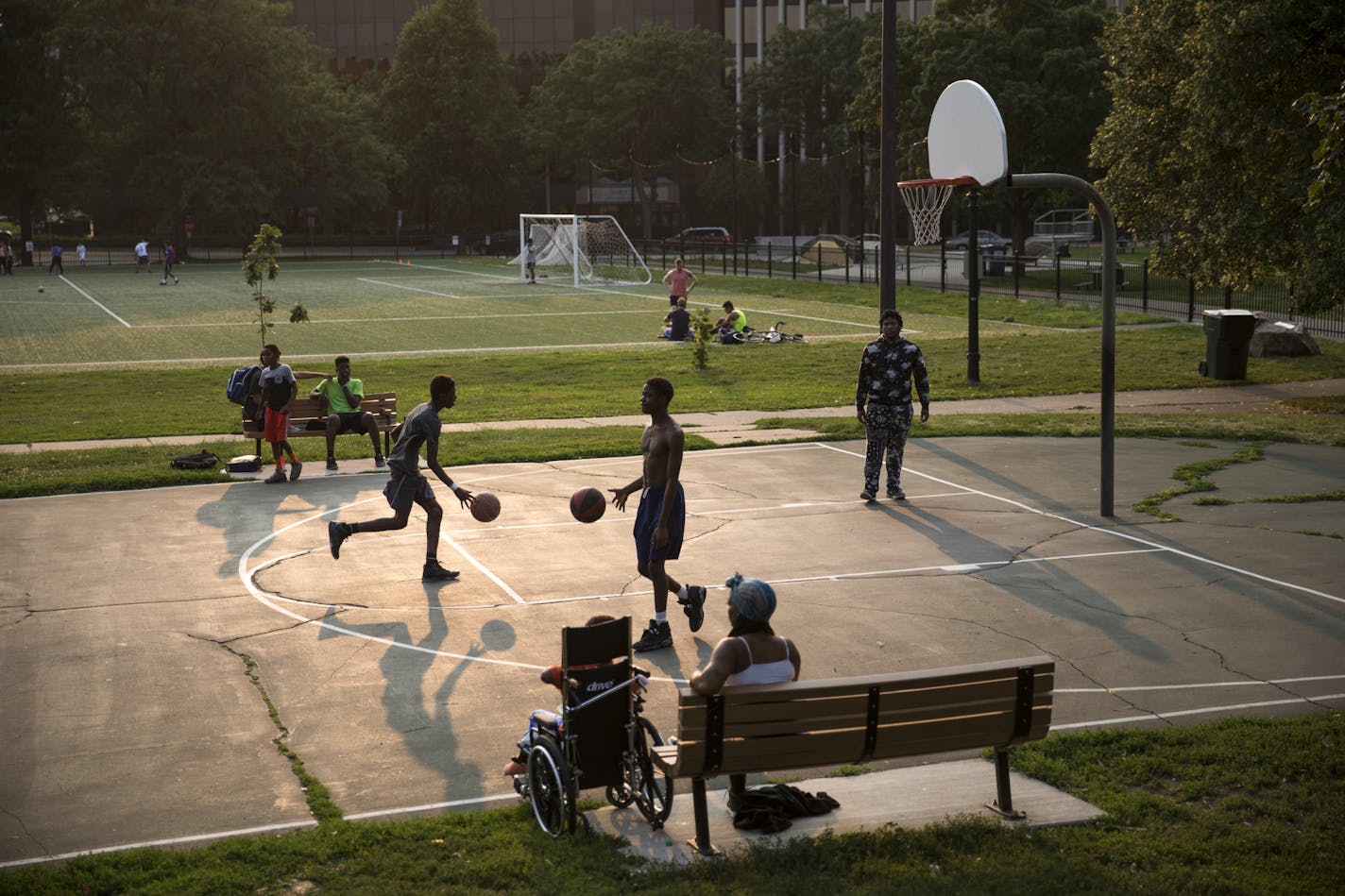 The basketball courts and soccer fields at Elliot Park are popular on a hot August evening in Downtown Minneapolis. ] For 5 years running, Minneapolis park System has been rated #1 in the Nation by The Trust For Public Land. St. Paul was #2 this year. Minneapolis and St. Paul held off other cities, such as San Francisco, which jumped from fifth to third and became the first city where all residents live within a 10-minute walk of a park. Ninety-seven percent of Minneapolis residents and 96 perce