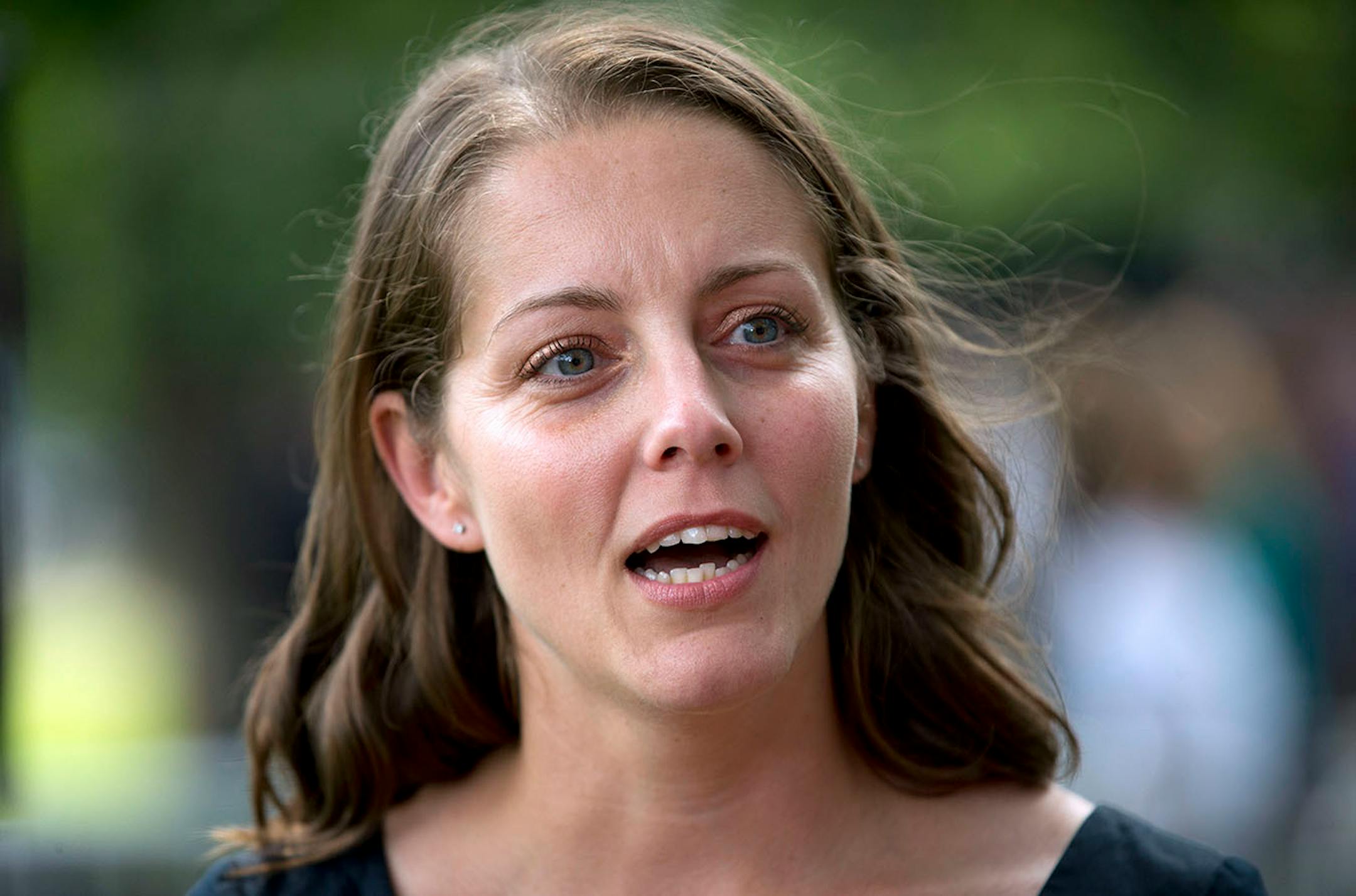 Rebekah Erler speaks to members of the media at Minnehaha Park in Minneapolis, Minn., Thursday, June 26, 2014.