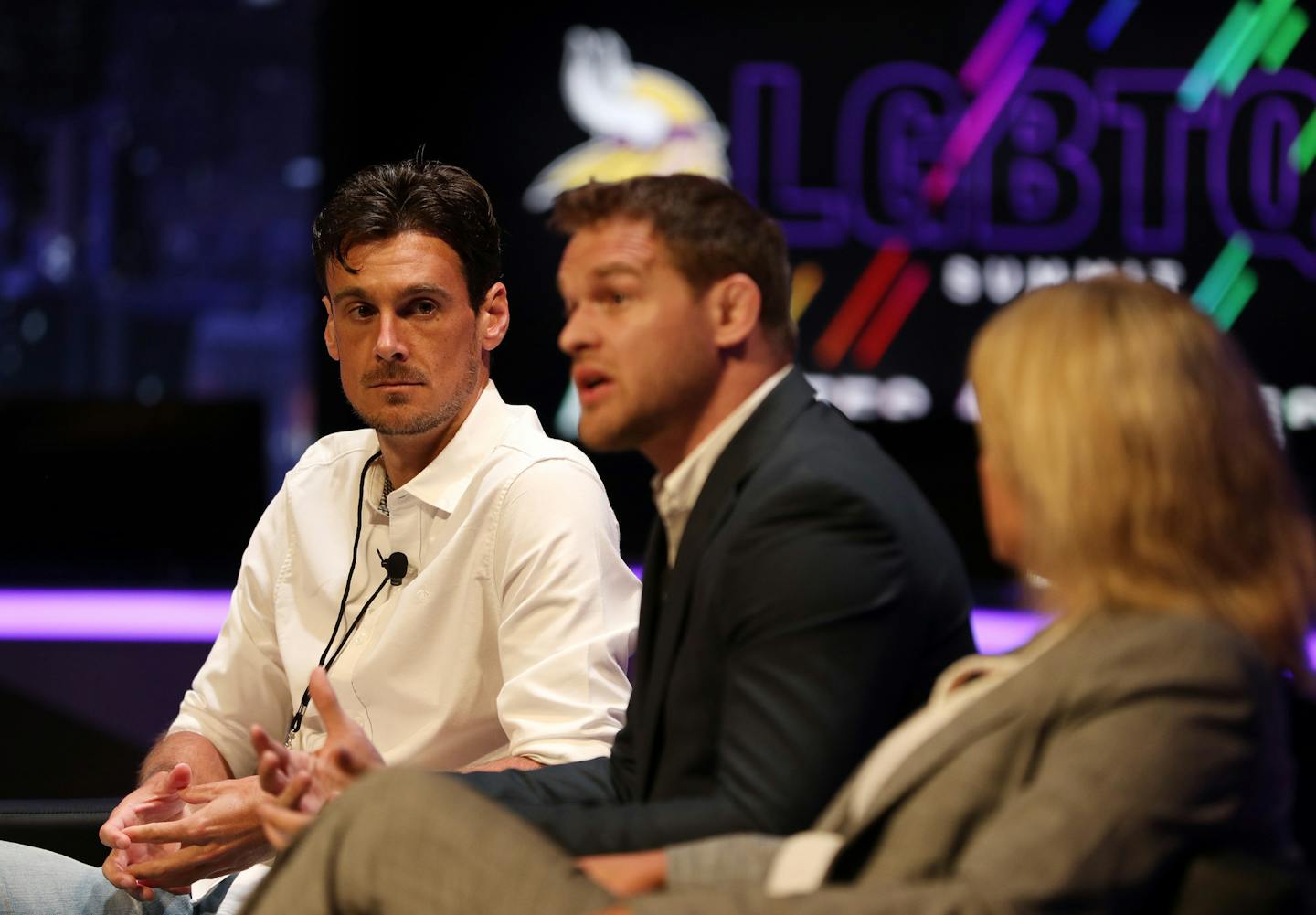 Panelists Chris Kluwe, a former Minnesota Vikings kicker, Hudson Taylor, founder and executive director of Athlete Ally, and Amy Wilson, director of inclusion at the NCAA, took questions during an LGBTQ summit hosted by the Minnesota Vikings Thursday. ] ANTHONY SOUFFLE &#xef; anthony.souffle@startribune.com The Minnesota Vikings hosted a summit focused on the inclusion of LGBTQ athletes in sports, featuring notable names across a variety of sports including Greg Louganis, Chris Kluwe and Hudson