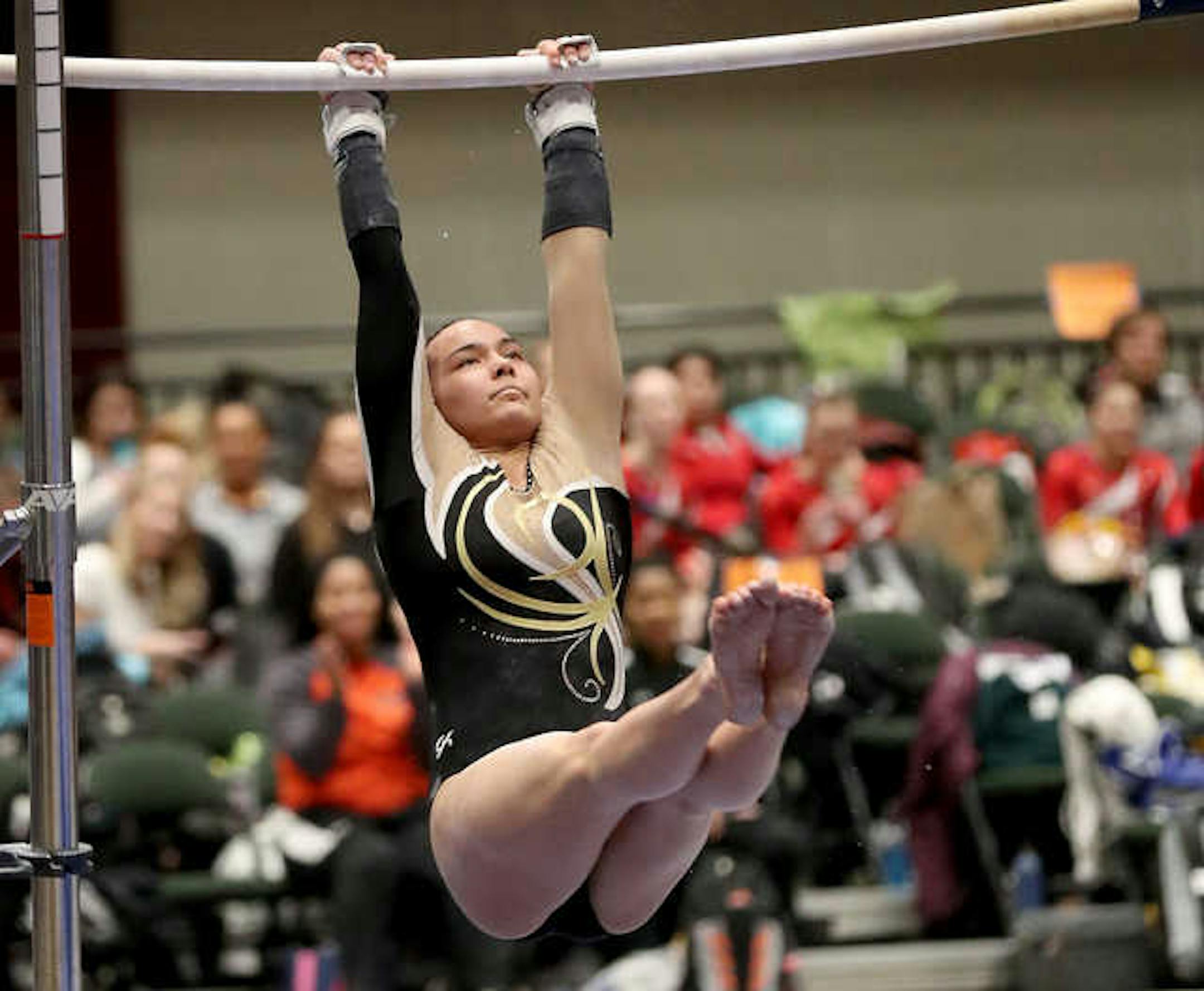 Jada Olsen of Perham competed on the uneven parallel bars Saturday at the Class 1A gymnastics state meet. Photo: DAVID JOLES • david.joles@startribune.com