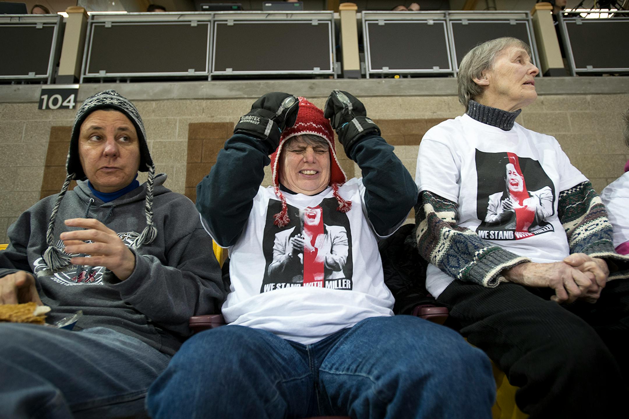 Kathy Hermes, center, cringes after a goal was scored against University of Minnesota Duluth by the University of North Dakota on Saturday night in the second period. ] (Aaron Lavinsky | StarTribune) University of Minnesota Duluth told women's hockey head coach Shannon Miller that this season would be the las of her successful run as the Bulldog's coach. After five national championships, an NCAA record, and 11 Frozen Four Victories, Miller, the highest-paid coach in women's hockey, was told her