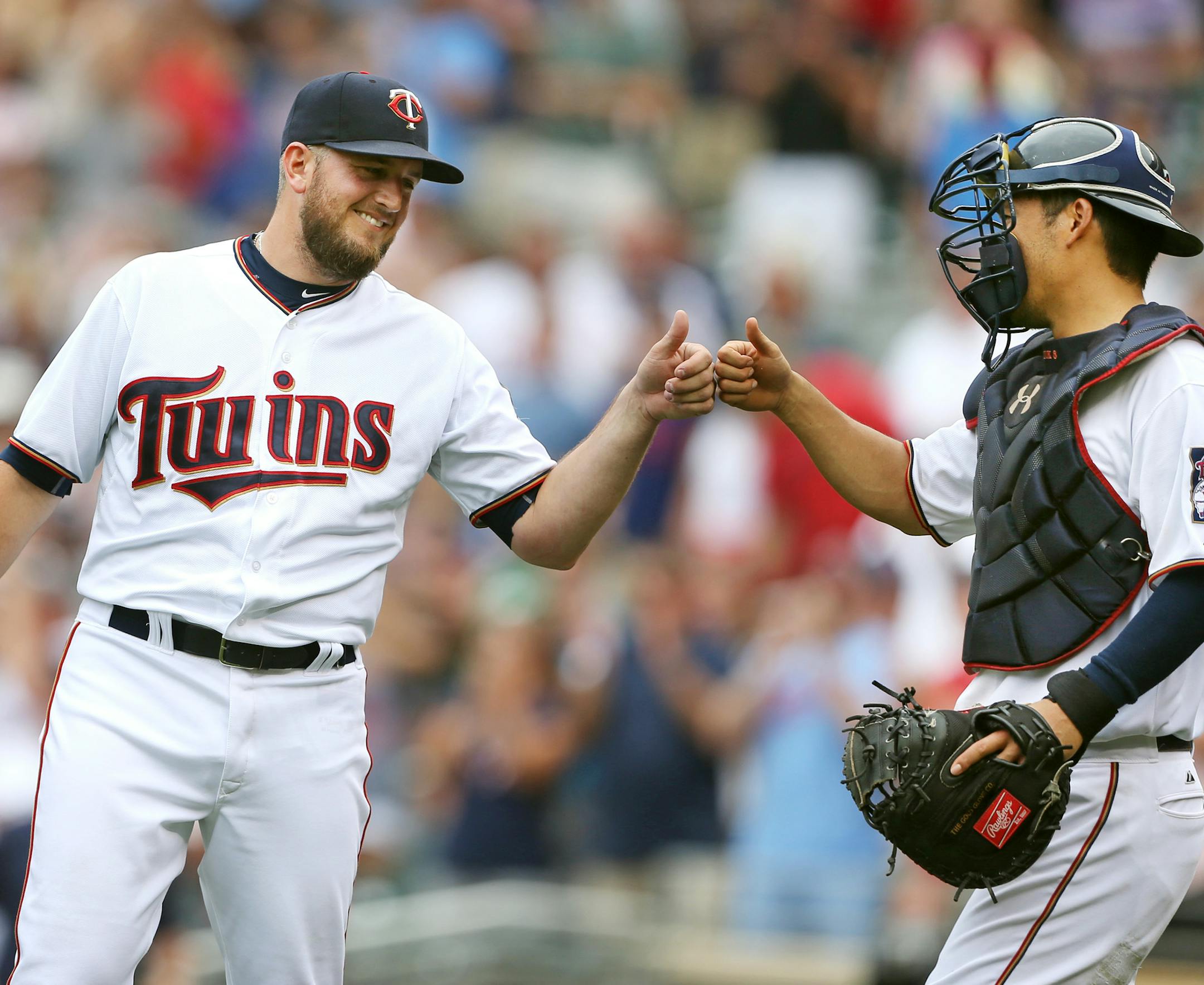 Twins closer Glen Perkins and catcher Kurt Suzuki celebrated at the end of the game The Twins beat the Cleveland Indians 4-1 at Target Field Sunday August 16, 2015 in Minneapolis, MN. ] Jerry Holt/ Jerry.Holt@Startribune.com
