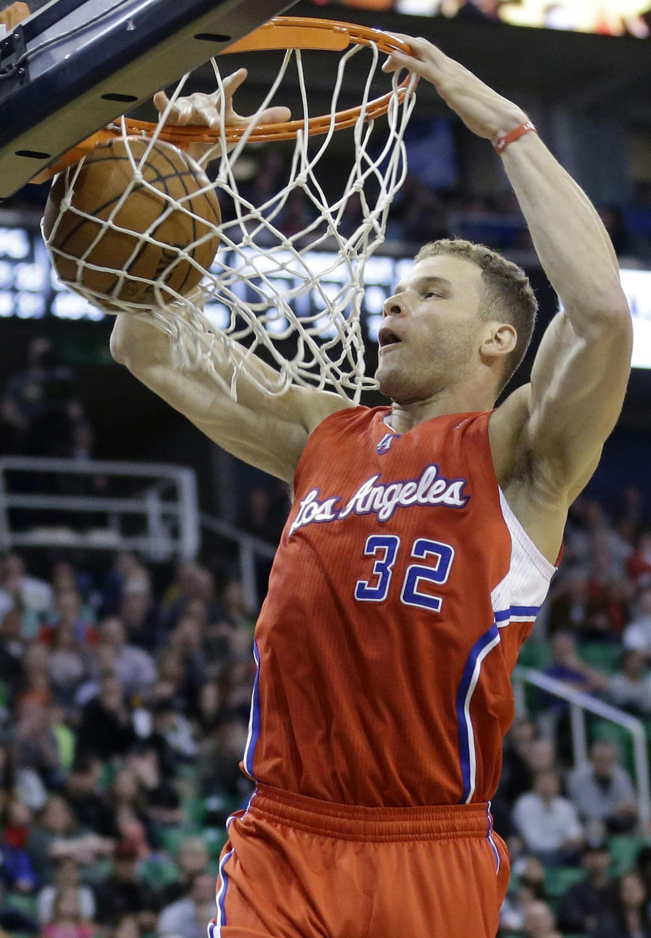Los Angeles Clippers' Blake Griffin (32) dunks the ball against the Utah Jazz in the second quarter during an NBA basketball game on Friday, March 14, 2014, in Salt Lake City. (AP Photo/Rick Bowmer) ORG XMIT: UTRB108