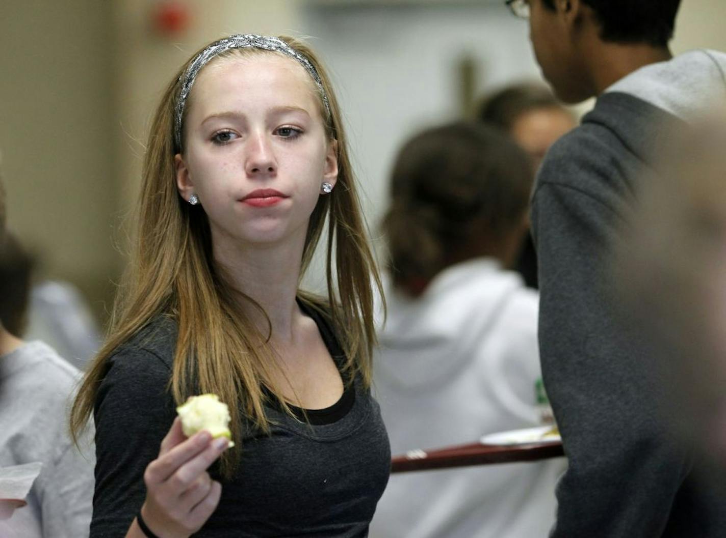 At Hopkins West Junior High, Maddie Pope,13, finishes off an apple as lunch period ends. She likes the salad bar and to eat a lot of fruit. More Minnesota students are getting fresh, locally grown food at their school this fall. This year, half of the state�s students are getting fresh, locally grown food at school thanks to the rising popularity of Farm-to-School programs and a new resource from the Minnesota Department of Agriculture and Minnesota Department of Health to make it easier for sch