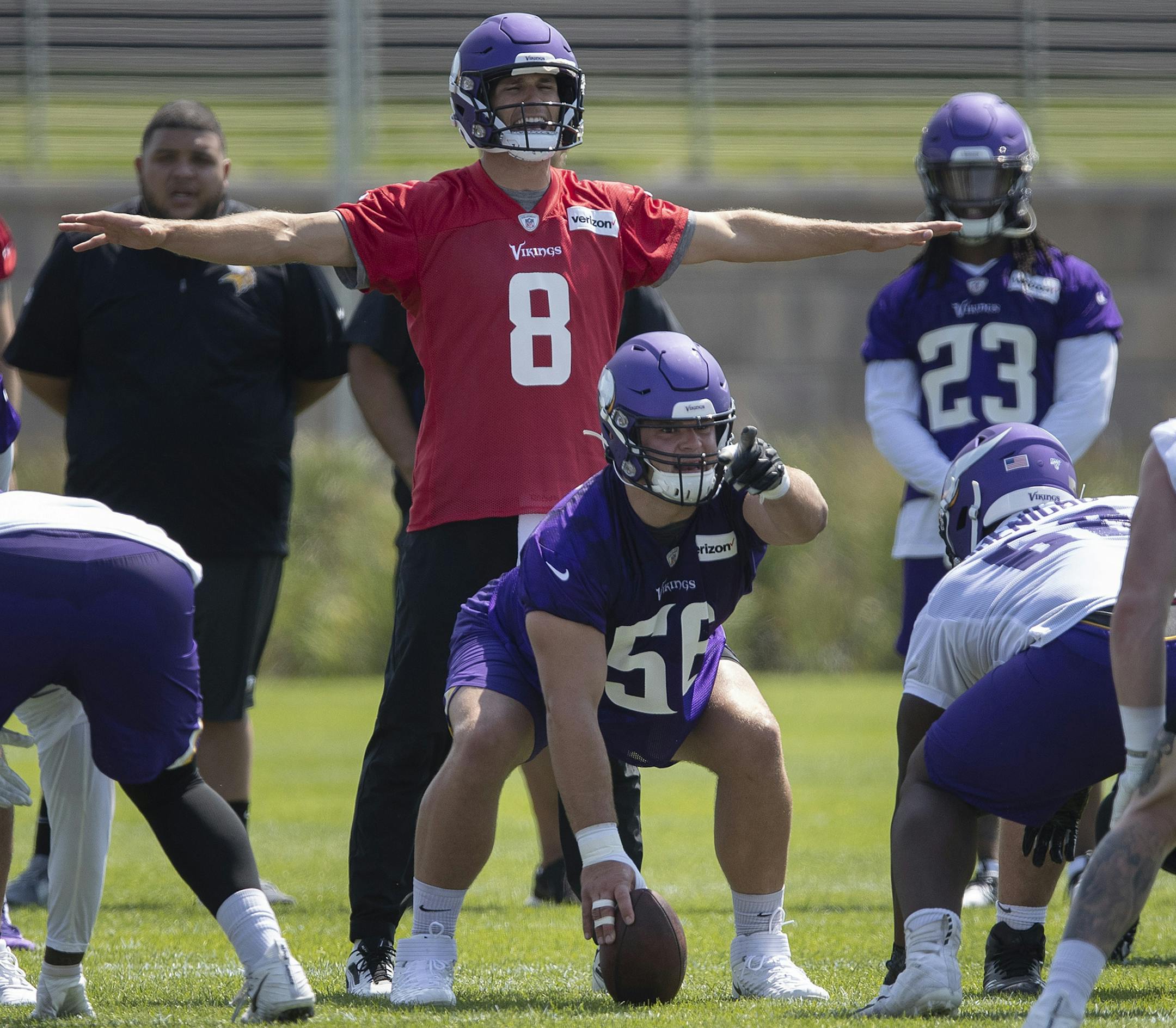Rookie center Garrett Bradbury prepared to snap the ball to quarterback Kirk Cousins during the first day of training for Vikings rookies at TCO Performance Center Tuesday July, 23 2019 in Eagan, MN.] Jerry Holt • Jerry.holt@startribune.com