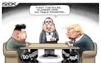 Sack cartoon: Donald Trump and Kim Jong Un, face to face