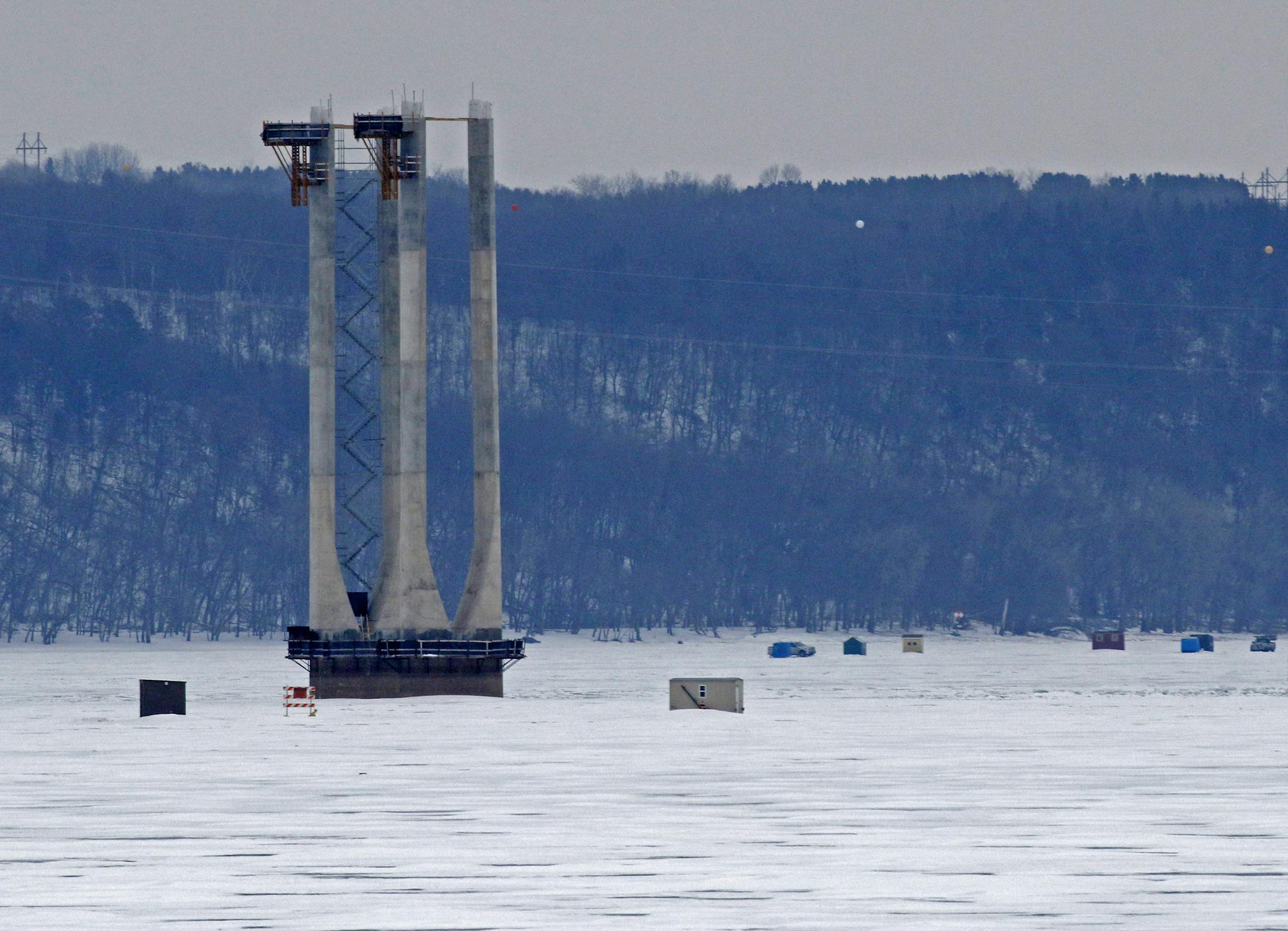 Will the new St. Croix River Bridge have an effect on fishing? This is a view from Stillwater looking downstream to the supports going in for the new span. ] BRIAN PETERSON ï brianp@startribune.com Stillwater, MN - 2/23/2015