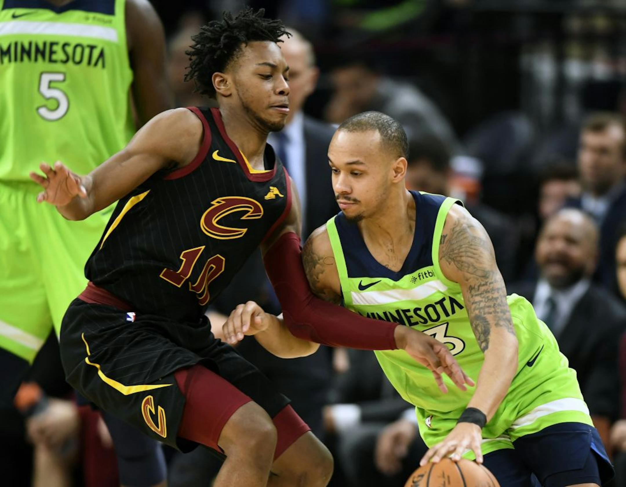 Cleveland Cavaliers' Darius Garland (10) guards against Minnesota Timberwolves' Shabazz Napier (13) during the second quarter of an NBA basketball game on Saturday, Dec. 28, 2019, in Minneapolis.