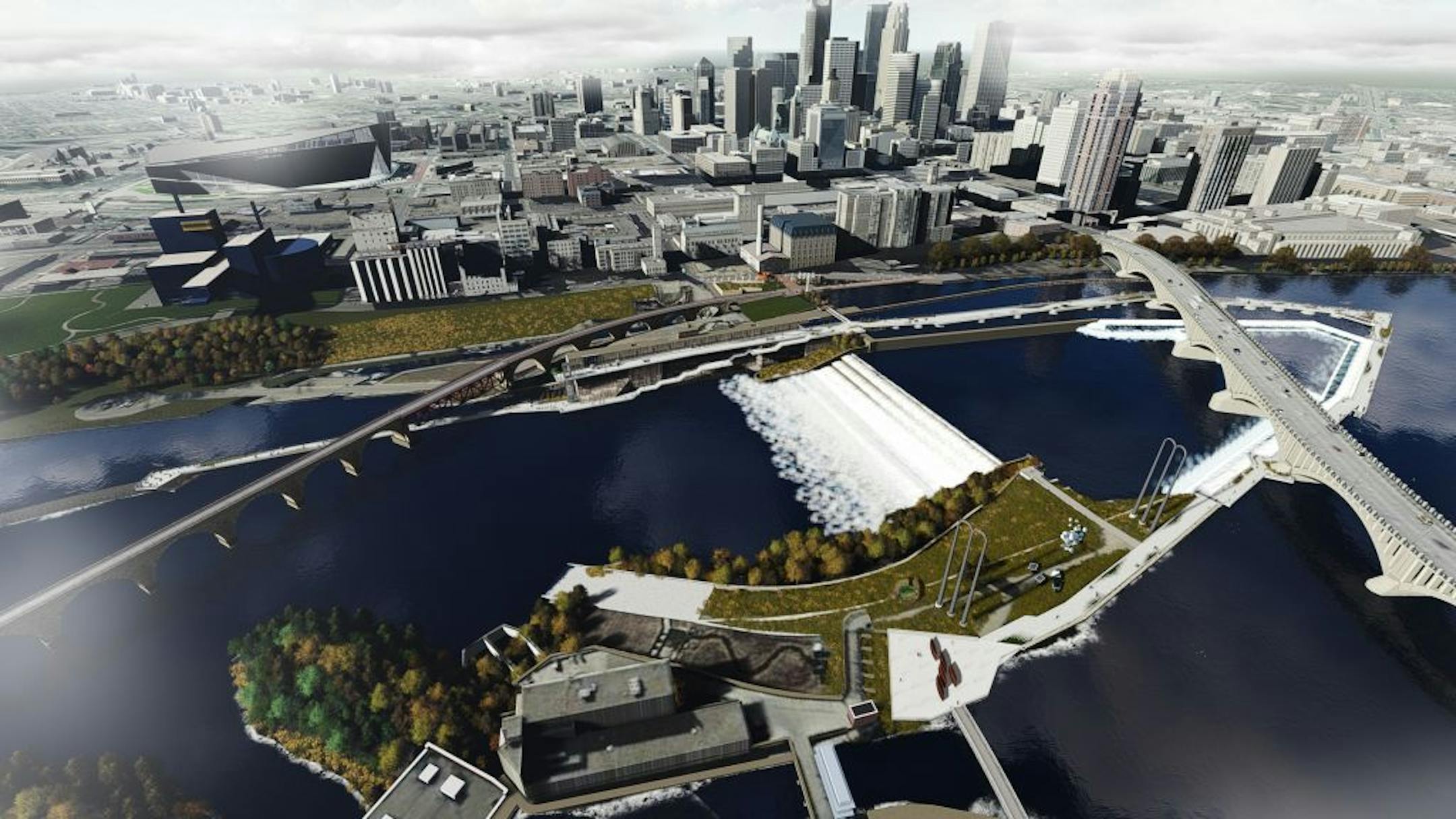 An aerial view of St. Anthony Falls.
