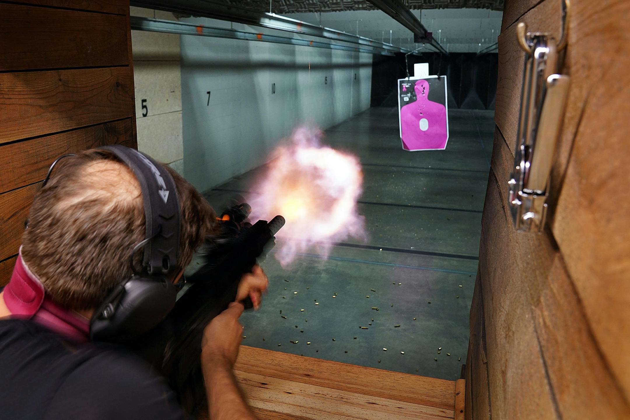 Stephen Schmida of Minneapolis fired his newly purchased ATI Bulldog 12 gauge shotgun at the Stock & Barrel Gun Club shooting range.