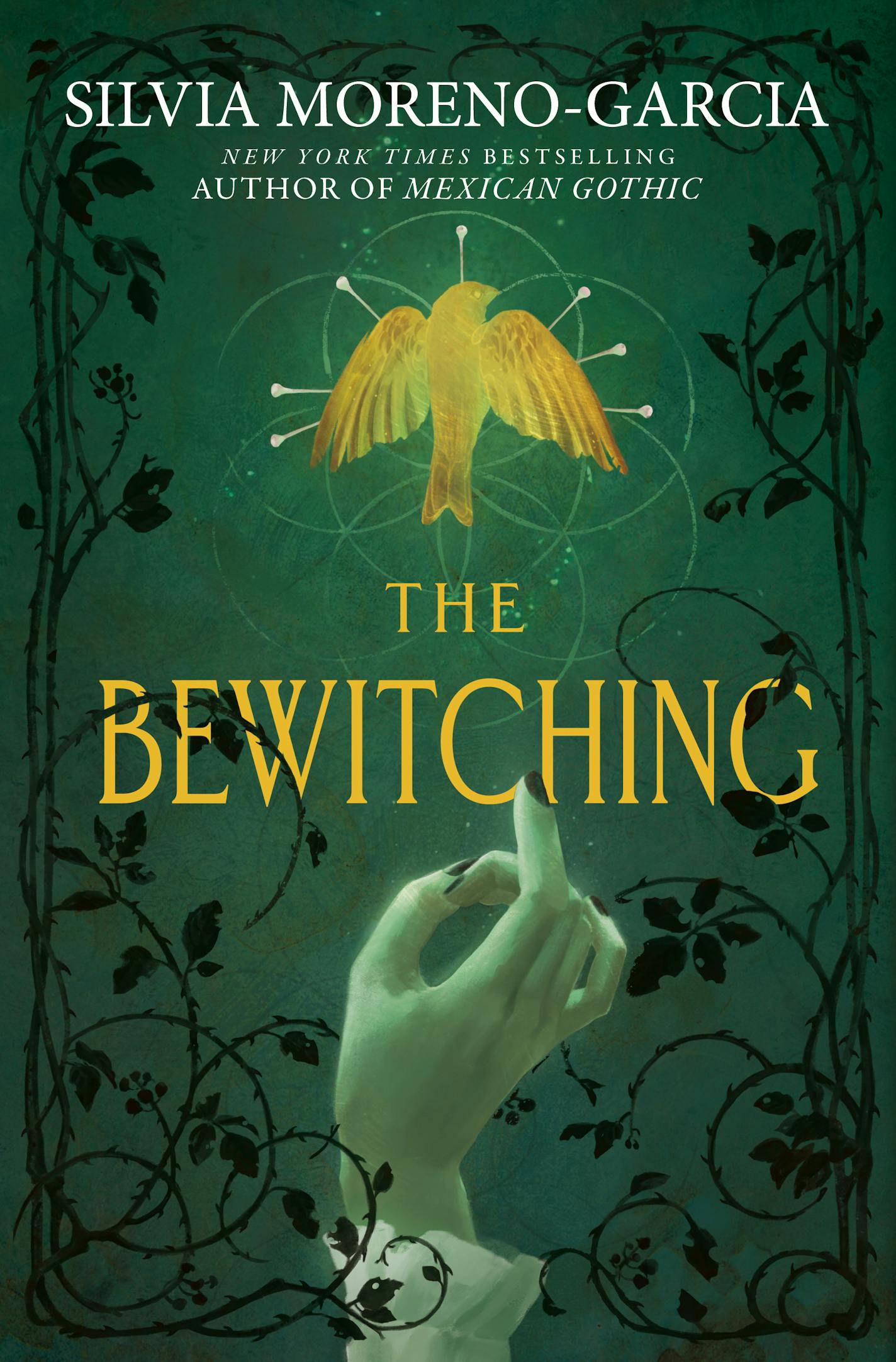 green cover of The Bewitching features an illustration of a woman's hand, reaching toward a bird