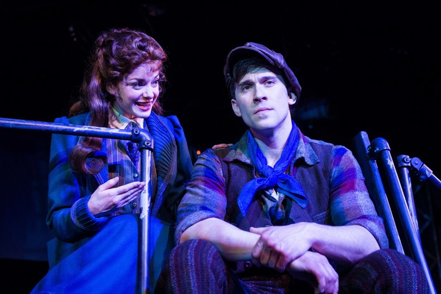 Katherine Plummer (Ruthanne Heyward) and strike leader Jack Kelly (Aleks Knezevich) at Chanhassen Dinner Theatre's "Newsies."