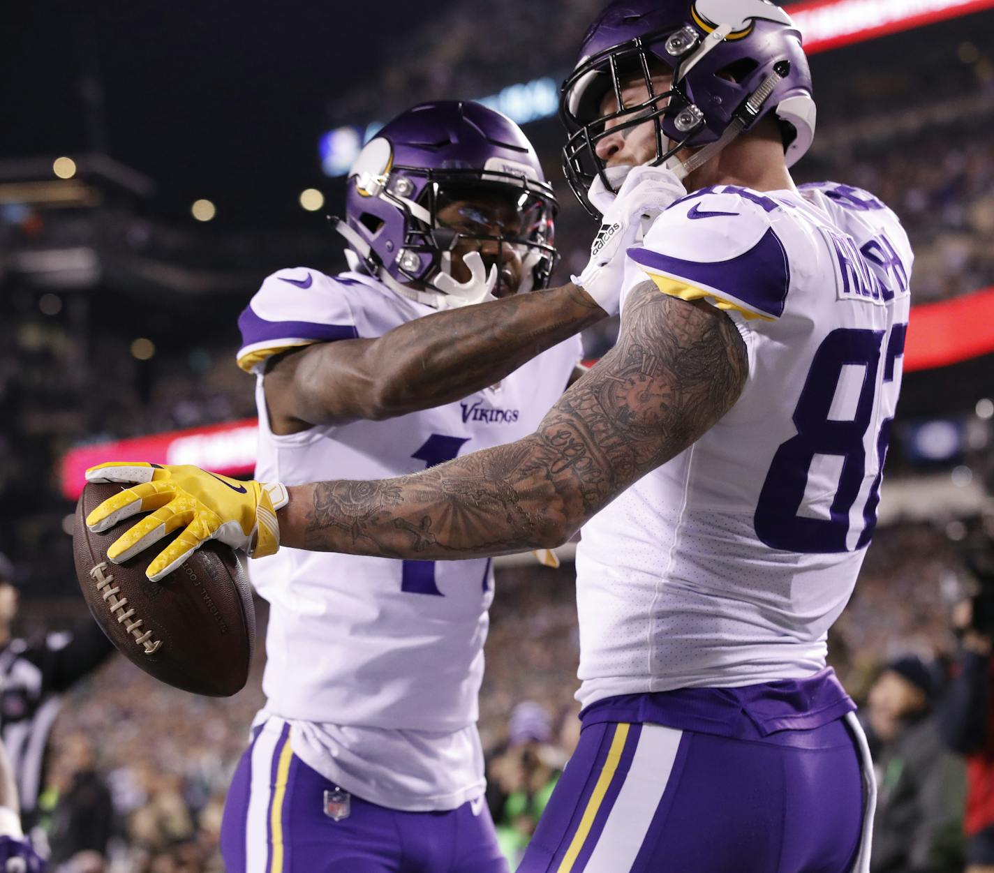 Vikings tight end Kyle Rudolph (82) celebrated his touchdown with receiver Stefon Diggs on the team's opening drive in Sunday's NFC Championship Game against the Philadelphia Eagles. ] CARLOS GONZALEZ &#xef; cgonzalez@startribune.com - Philadelphia, PA - Lincoln Financial Field, NFL, NFC Championship game, Minnesota Vikings vs. Philadelphia Eagles