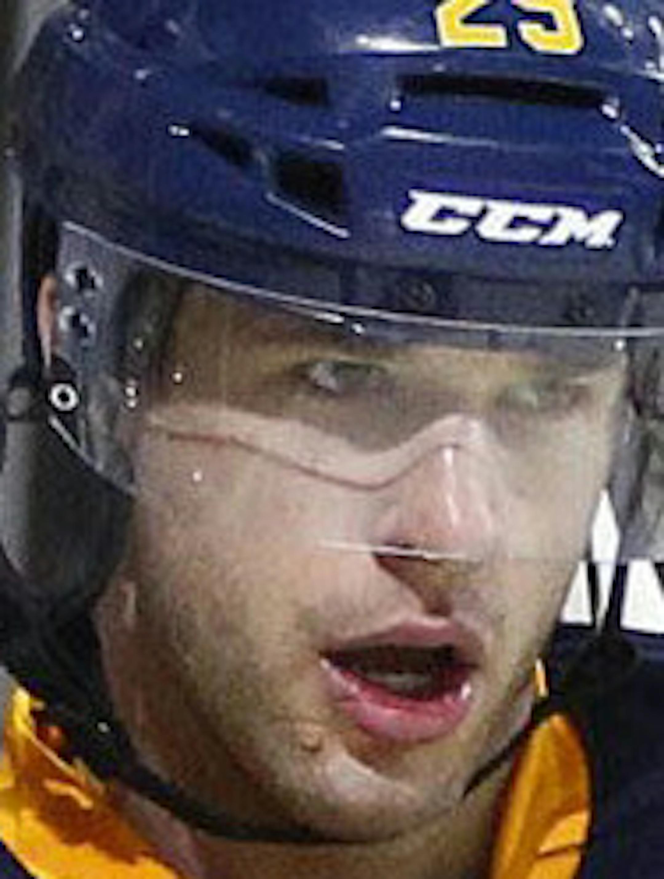 {FOR SPORTS}The Sabres' Jason Pominville celebrates his goal during the first period Wednesday, February 8, 2012. {Photo by Mark Mulville / Buffalo News}
