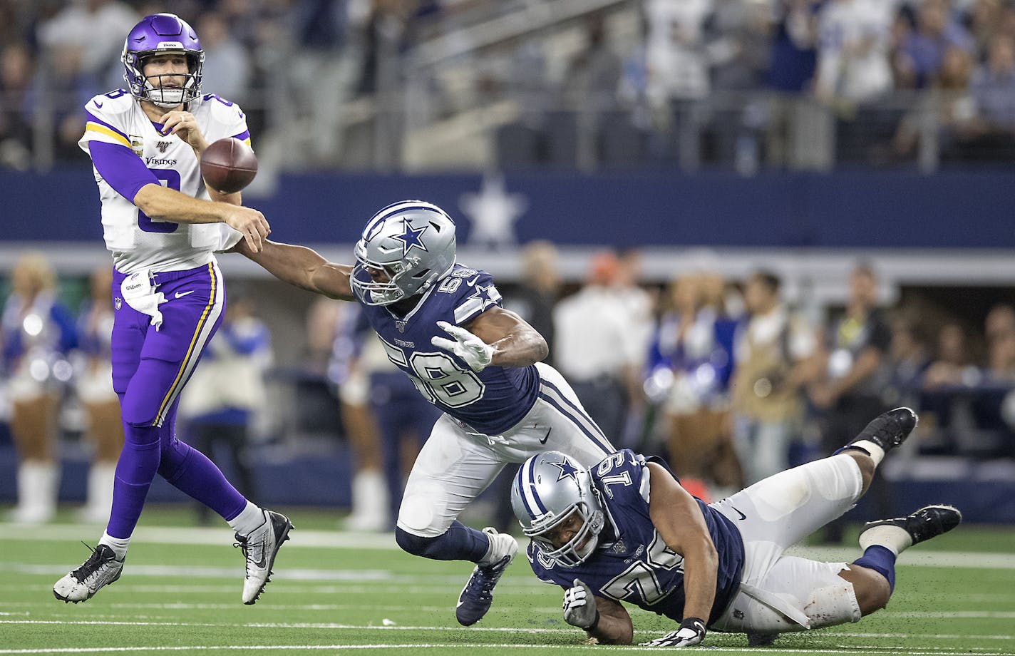 A holding call was called on the defense on Minnesota Vikings' quarterback Kirk Cousins, setting up the Cook touchdown in the third quarter. ] ELIZABETH FLORES &#x2022; liz.flores@startribune.com Vikings at Dallas Cowboys at AT&T Stadium, Sunday, November 10, 2019 in Arlington, TX.