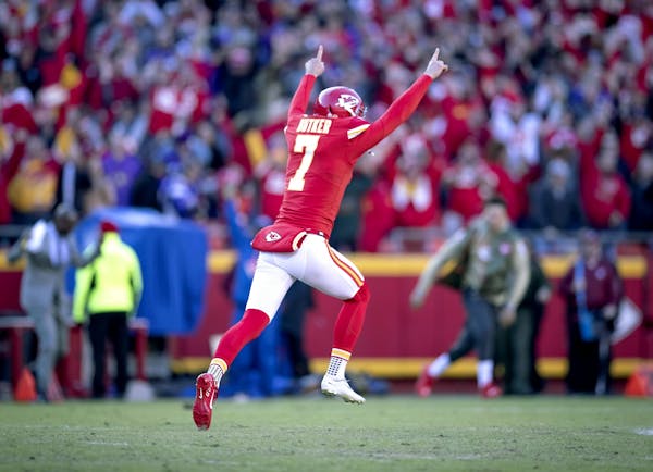Chiefs kicker Harrison Butker celebrated after kicking the game winning field goal in the fourth quarter.