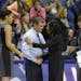 Connecticut coach Geno Auriemma and South Carolina coach Dawn Staley shake hands after a February 2015 game in Storrs, Conn.