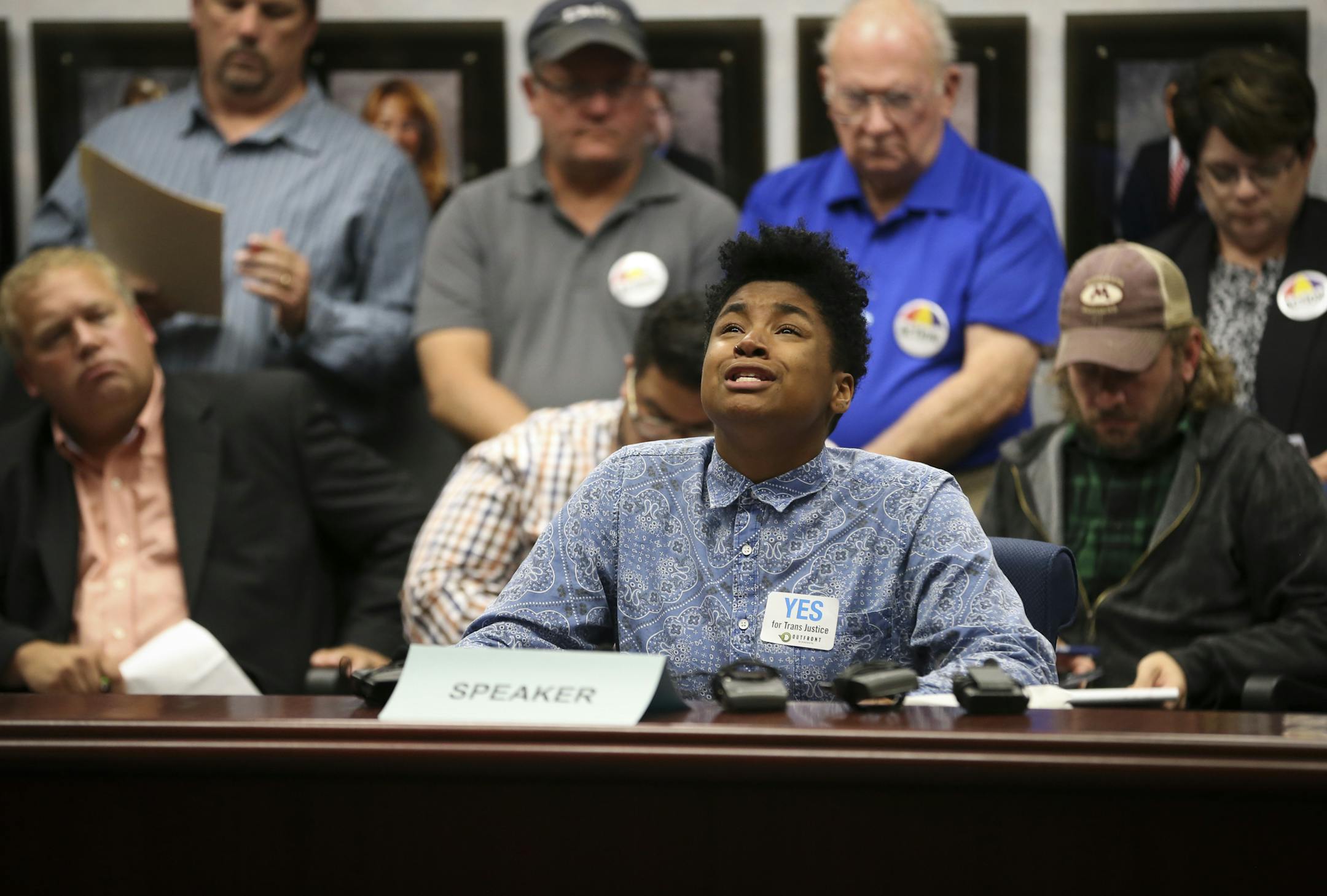 Zeam Porter was emotional while speaking to the board about the years Zeam played basketball on the girls team and how it always felt like the wrong team (Porter identifies as transgender and gender non-conforming instead of he or she) during the Minnesota State High School Leagues public hearing on their proposed transgender policy on Wednesday, October 1, 2014 in Brooklyn Center, Minn. ] RENEE JONES SCHNEIDER • reneejones@startribune.com