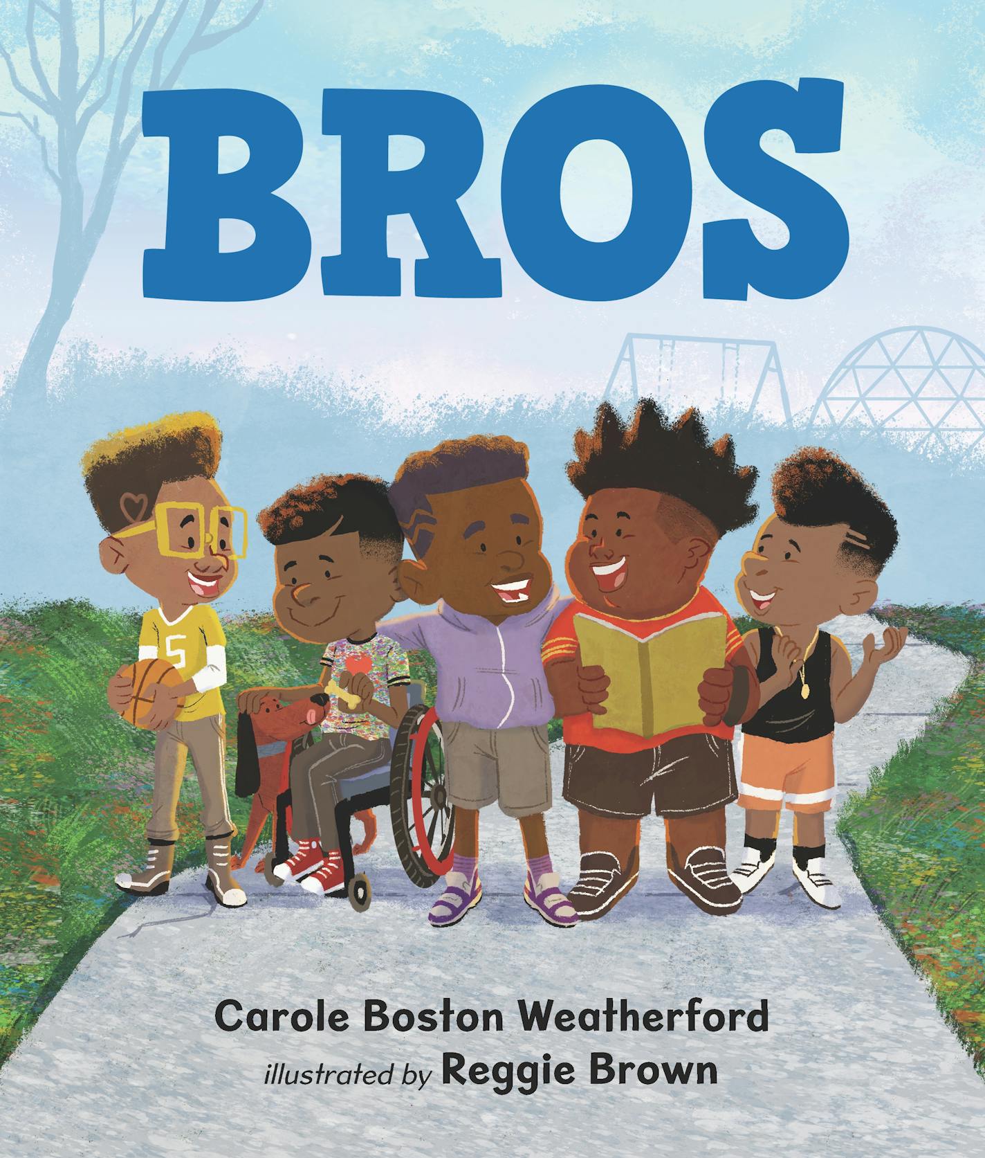 cover of "Bros" is an illustration of a group of friends on a sidewalk