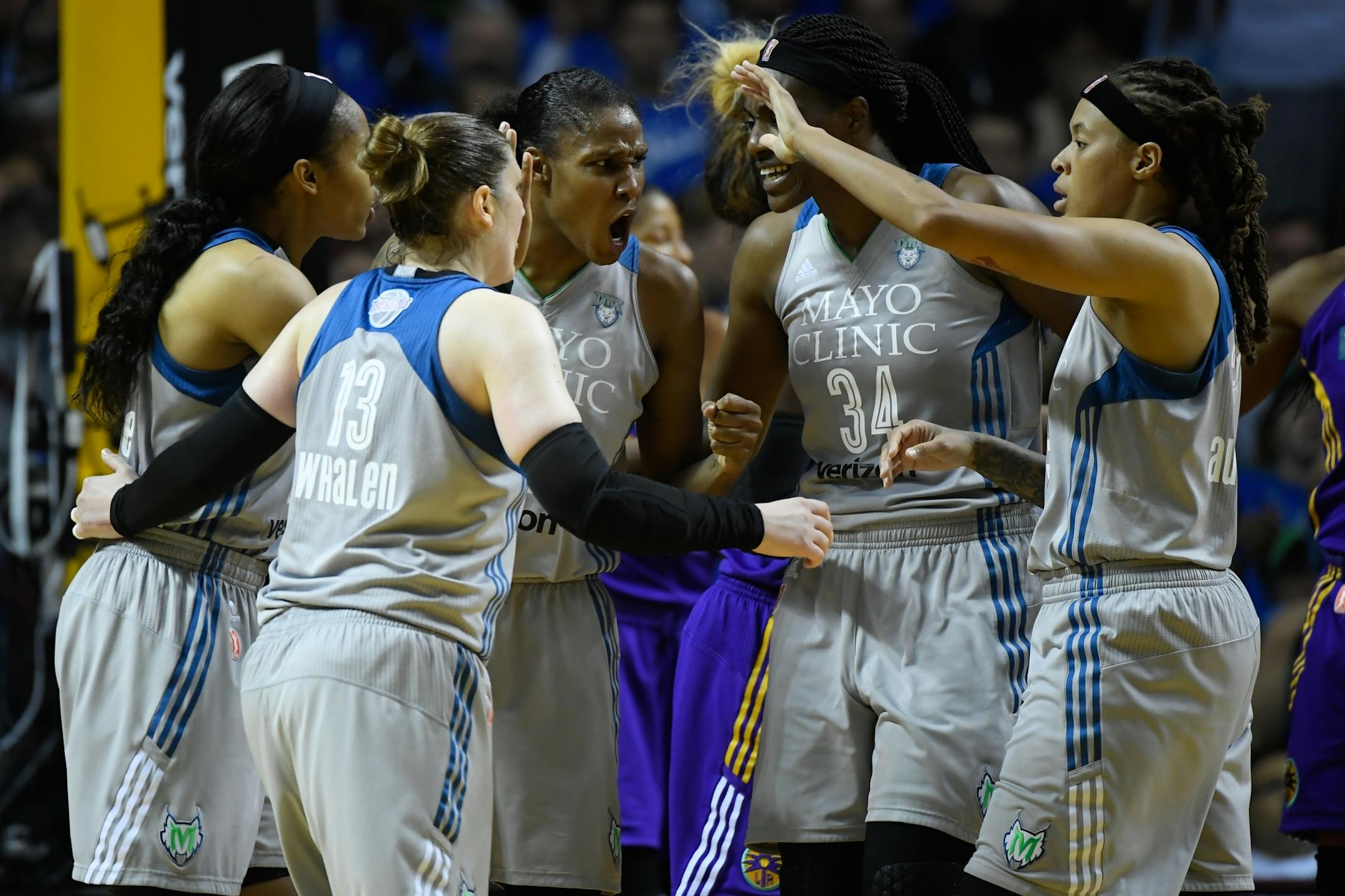 Minnesota Lynx players reacted after center Sylvia Fowles (34) was fouled during a layup attempt in the second quarter.