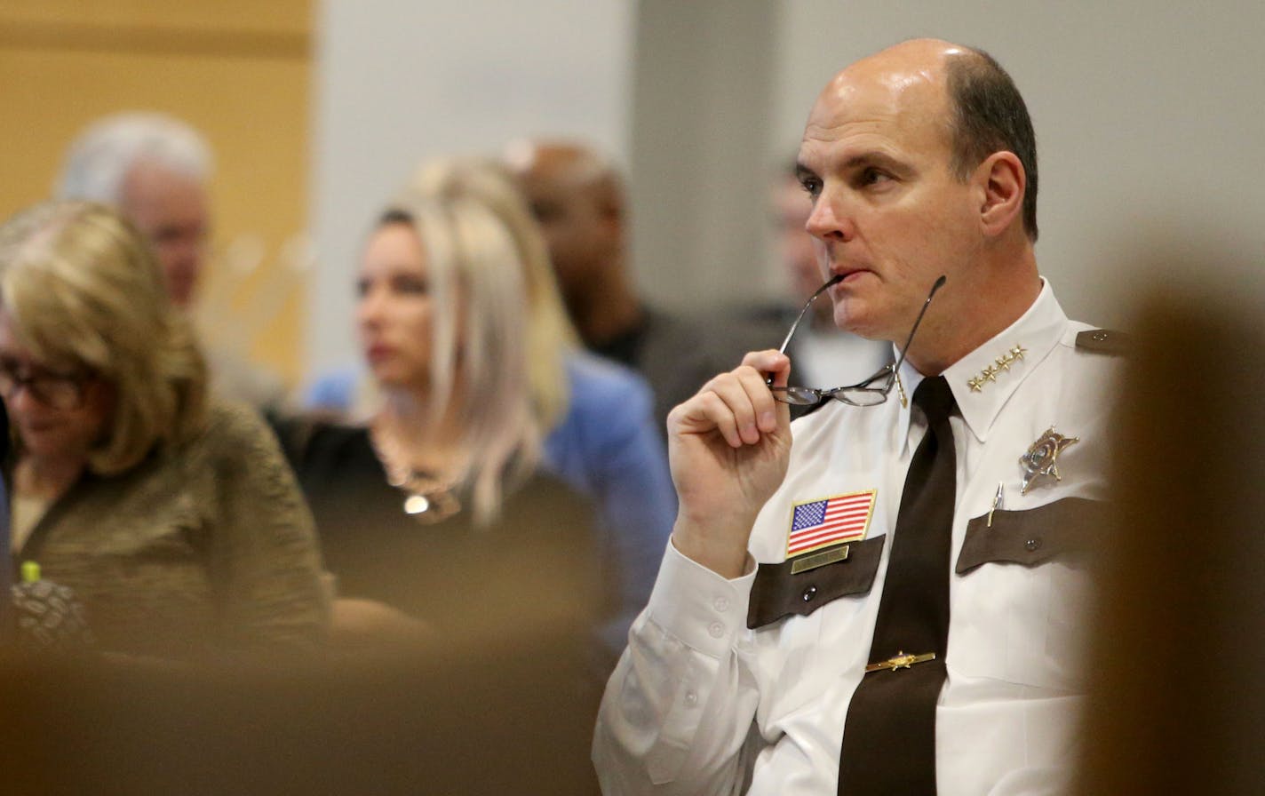 Legislative Auditor Jim Nobles released details of an evaluation into mental health services in county jails to the Senate Health and Human Services Committee Thursday, March 3, 2016, at the Minnesota Senate Building in St. Paul, MN. Here, Hennepin County Sheriff Rich Stanek listens to findings of the report on mental health services in county jails before Stanek responded to the report before the committee.](DAVID JOLES/STARTRIBUNE)djoles@startribune.com Legislative Auditor Jim Nobles released