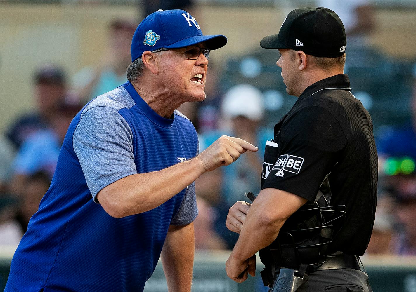 Kansas City Royals manager Ned Yost exchanged words with home plate umpire Ted Barrett after being thrown out of the game in the fourth inning. ] CARLOS GONZALEZ ï cgonzalez@startribune.com ñ July 9, 2018, Minneapolis, MN, Target Field, MLB, Minnesota Twins vs. Kansas City Royals