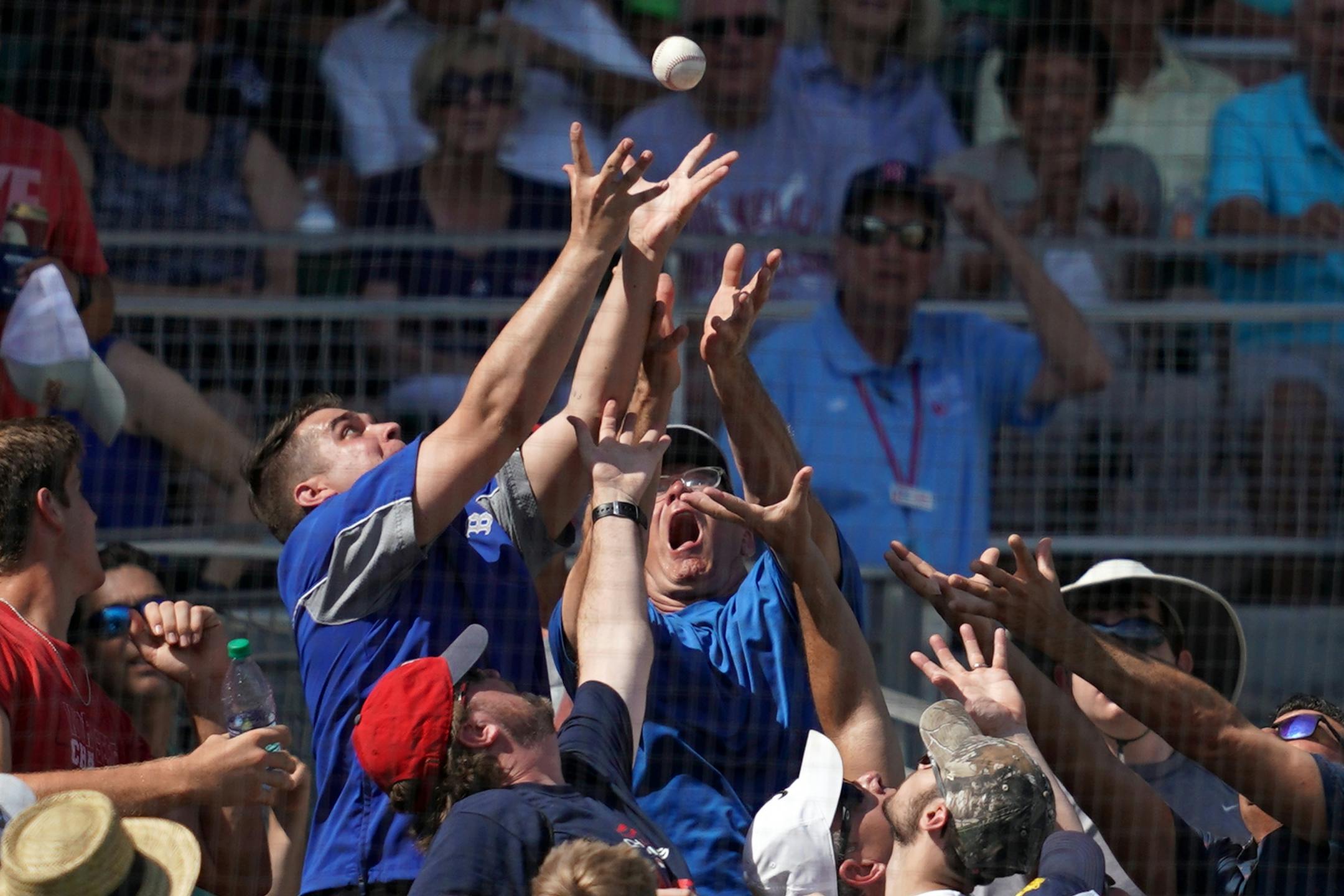 Fans reached up to nab a foul ball hit into the stands during Sunday's game.