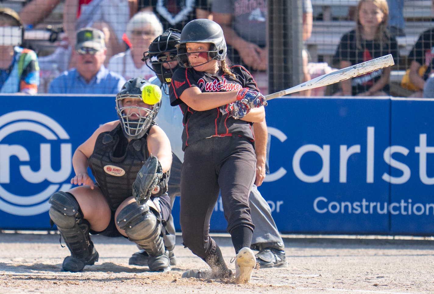 Edgerton/Southwest Minnesota Christian outfielder Kinsie Nelson (28) connects with a pitch against Badger/Greenbush-Middle River in the first inning of the MSHSL class 1A softball state championship game Friday, June 9, 2023, at Caswell Park in North Mankato, Minn. ]