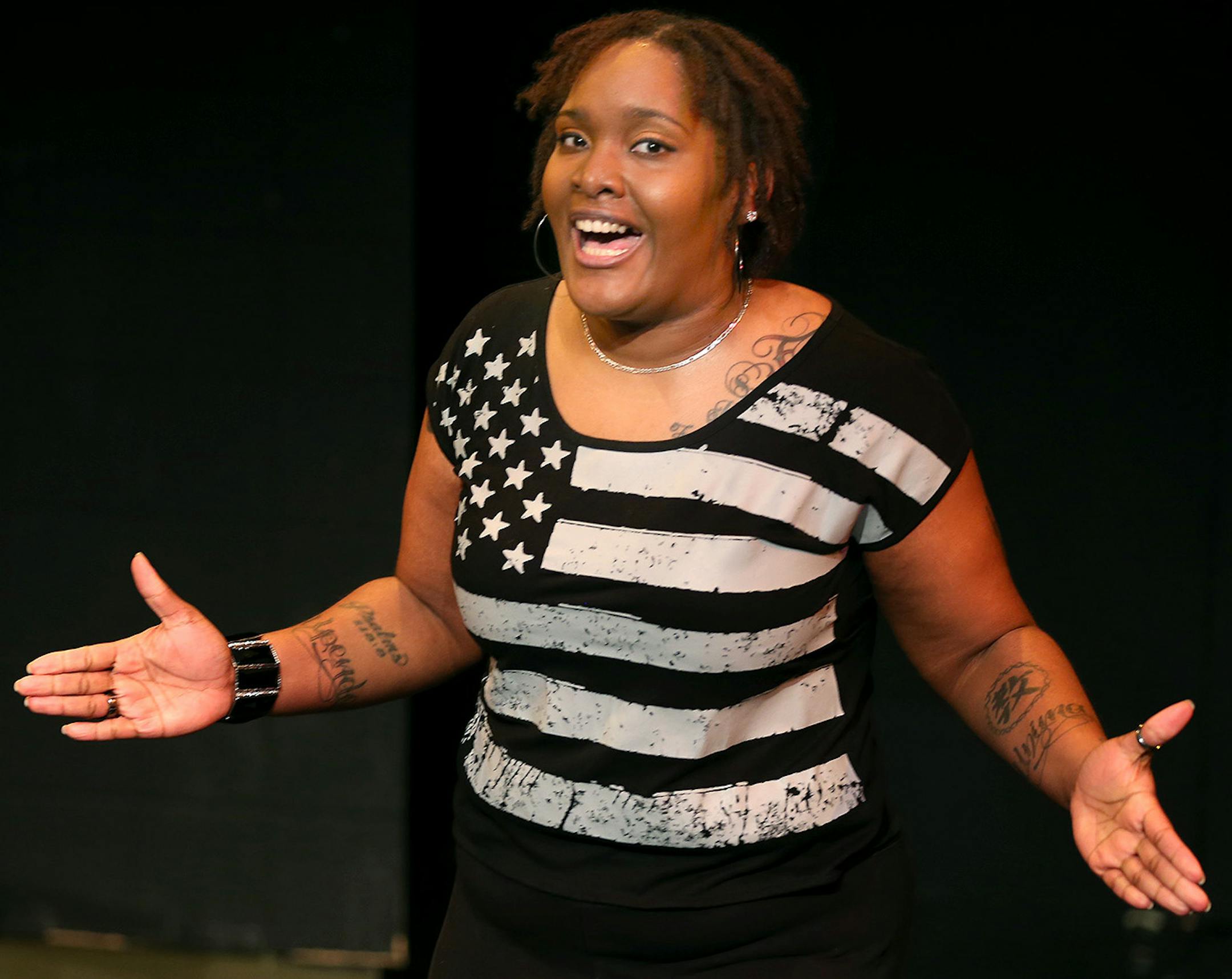 St. Paul native PaviElle French (cq) rehearsed a one-woman show about her life called "Runnin' " at Pillsbury House Theater , Saturday, December 6, 2014 in Minneapolis, MN. She has had a roller-coaster life, from a troubled youth in the Rondo neighborhood and the death of her parents to a spoken-word career and now a budding singing career. ] (ELIZABETH FLORES/STAR TRIBUNE) ELIZABETH FLORES • eflores@startribune.com