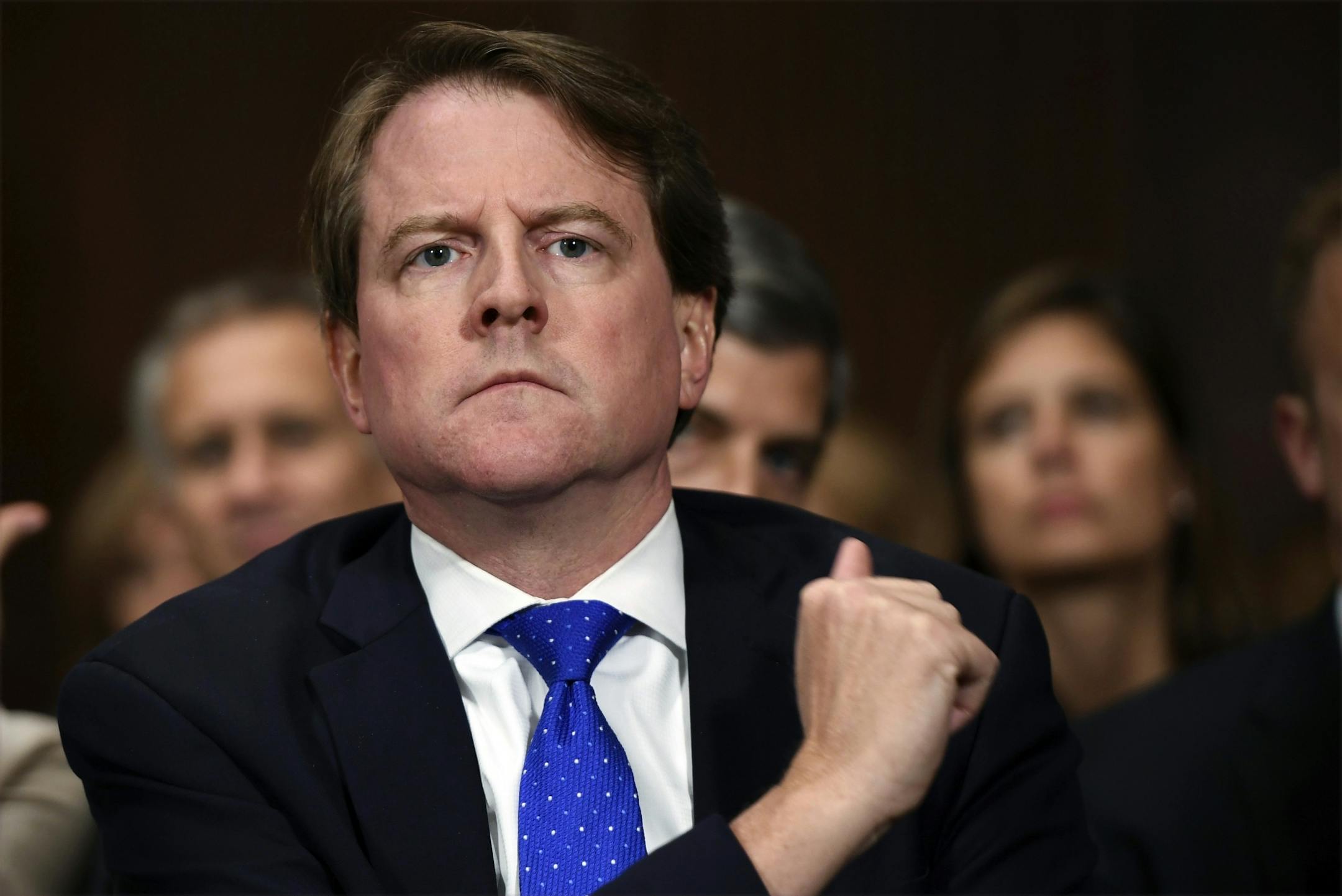 Then-White House counsel Don McGahn listens as Supreme court nominee Brett Kavanaugh testifies before the Senate Judiciary Committee on Capitol Hill in Washington in September 2018.