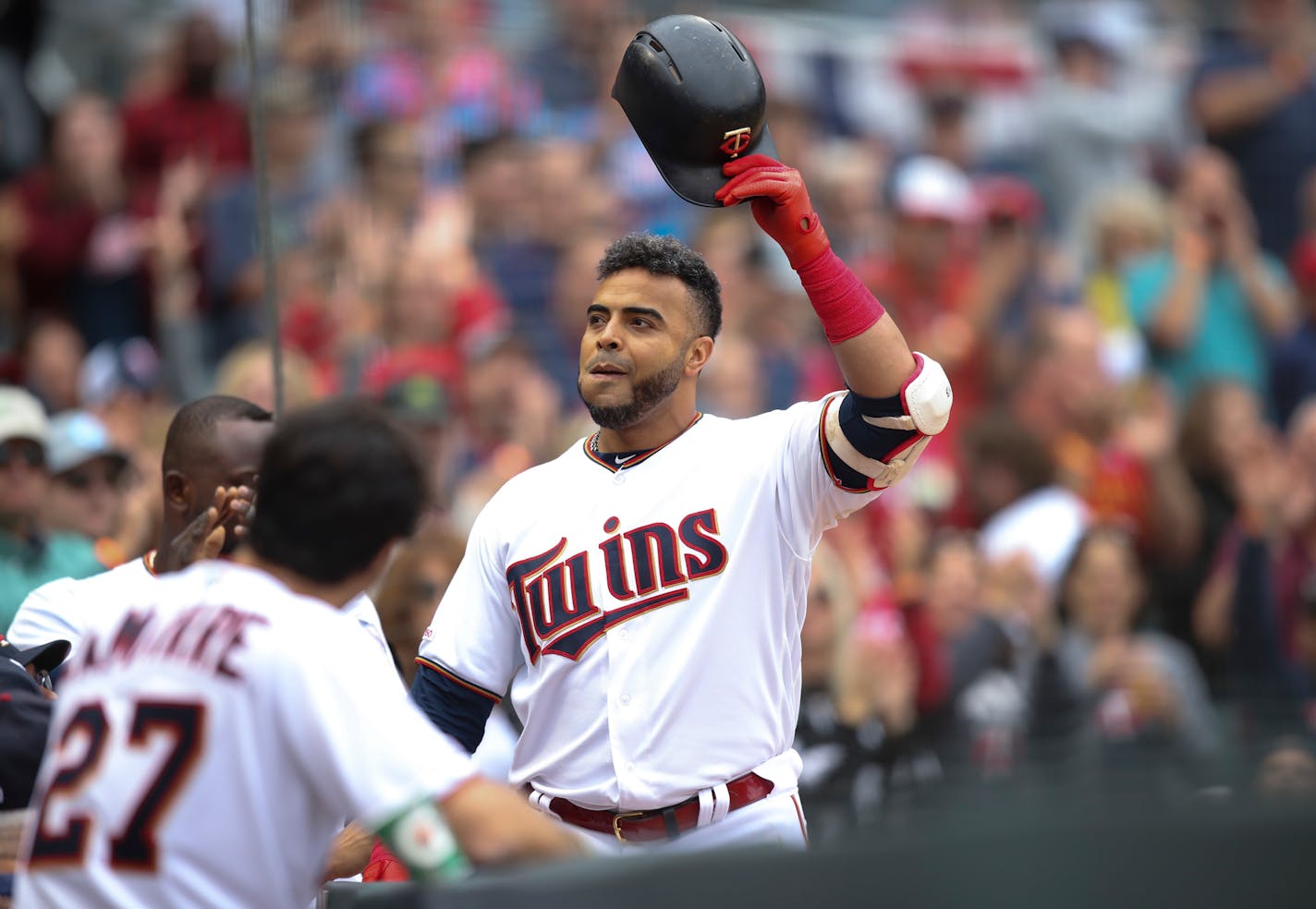 The Twins' Nelson Cruz acknowledged the cheering crowd as he celebrated his 40th home run of the season, and his 400th career homer, a 412 foot solo shot to right field in the fourth inning. ] JEFF WHEELER • jeff.wheeler@startribune.com The Minnesota Twins played the Kansas City Royals in their final MLB home game of the regular season Sunday afternoon, September 22, 2019 at Target Field in Minneapolis.