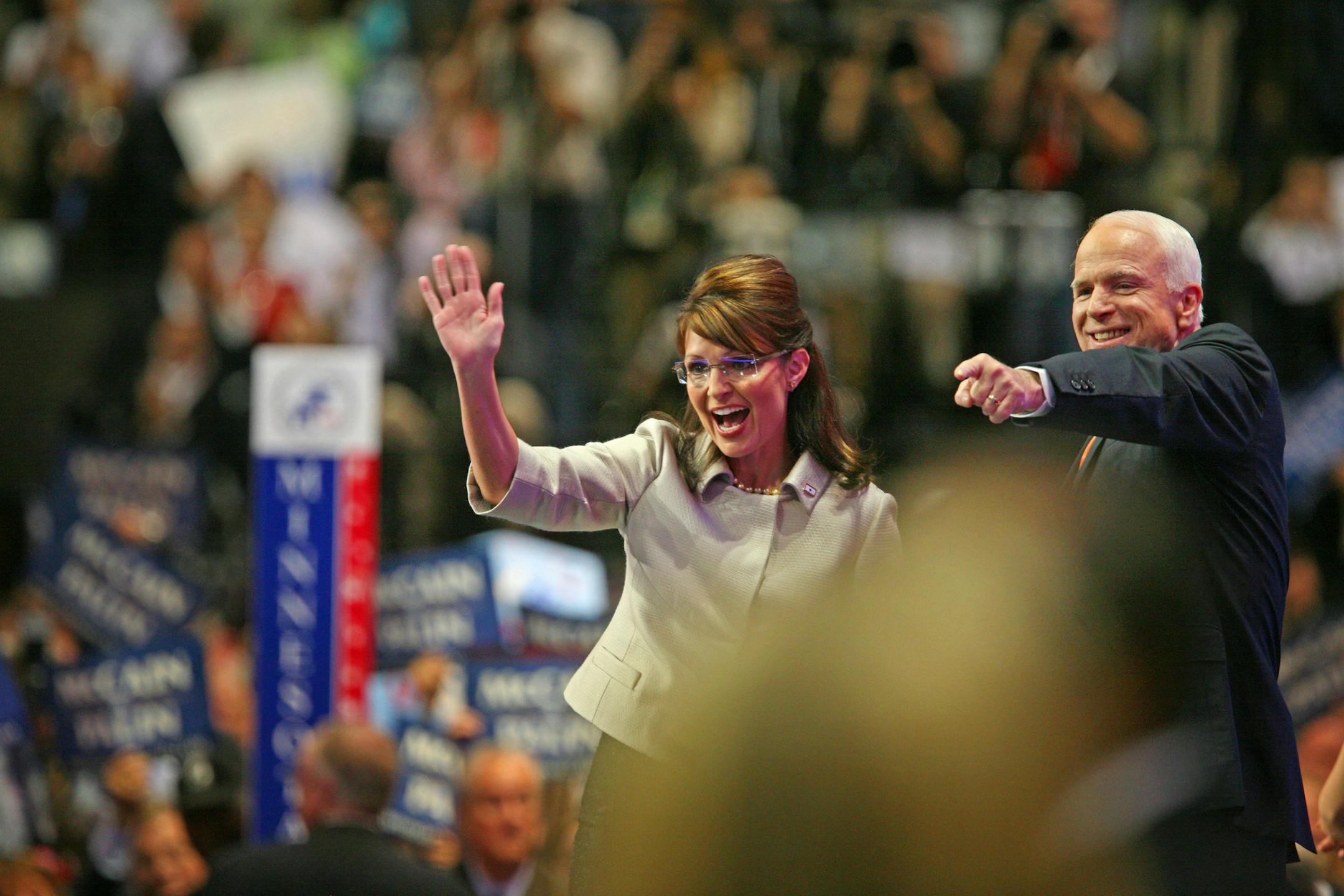BRIAN PETERSON ï brianp@startribune.com St. Paul, MN 9/3/2008 RNC Republican National Convention Vice Presidential candidate Sarah Palin with Hohn McCain.